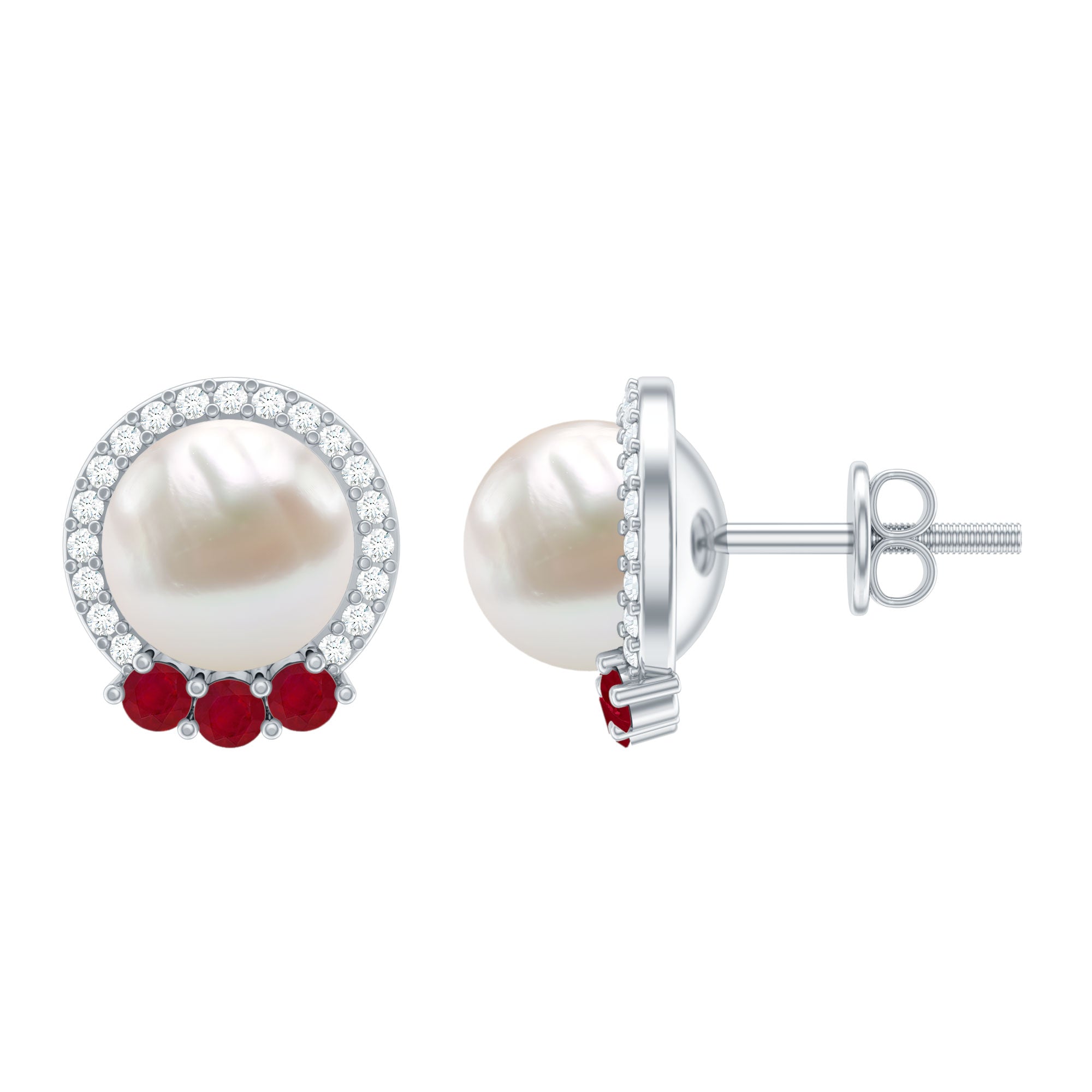 6 Carat Freshwater Pearl Stud Earrings with Ruby and Diamond Halo