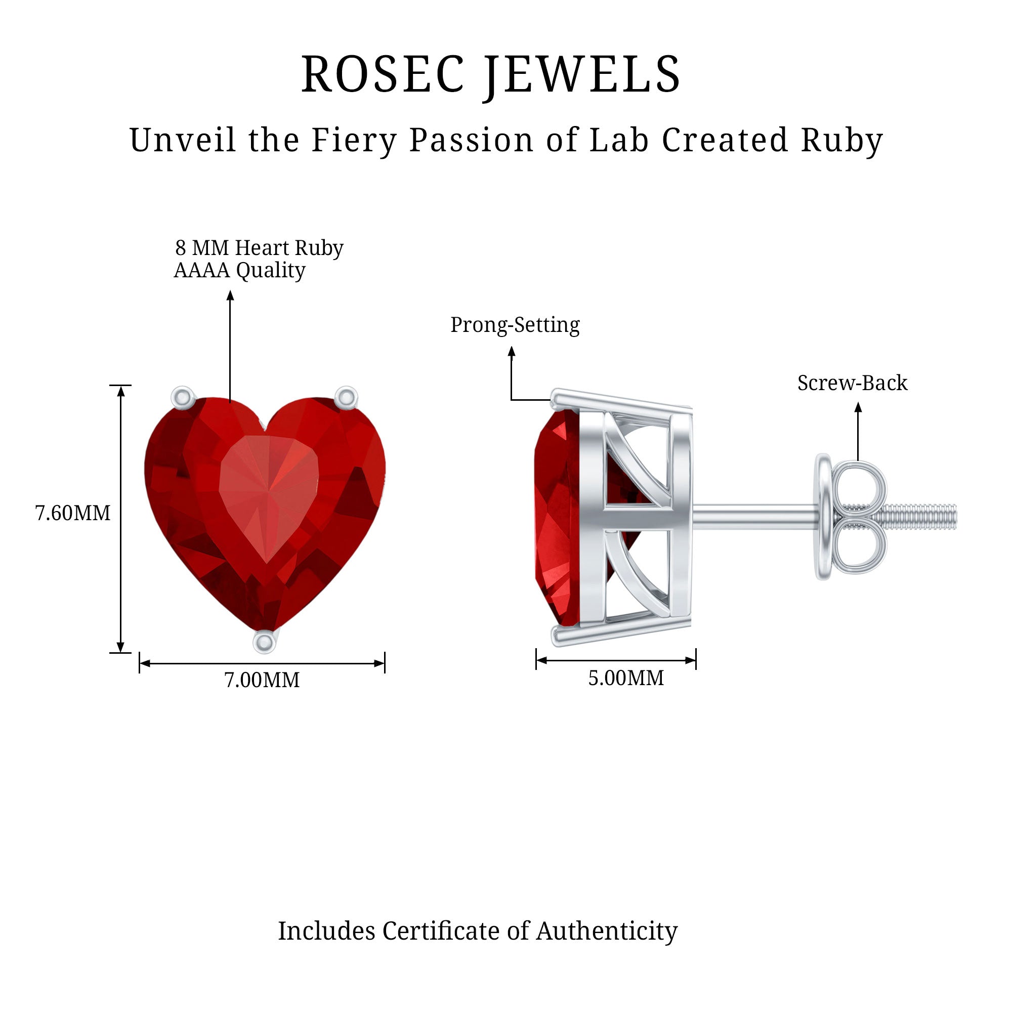 Heart Shape Lab Created Ruby Solitaire Stud Earrings AAAA - Rosec Jewels