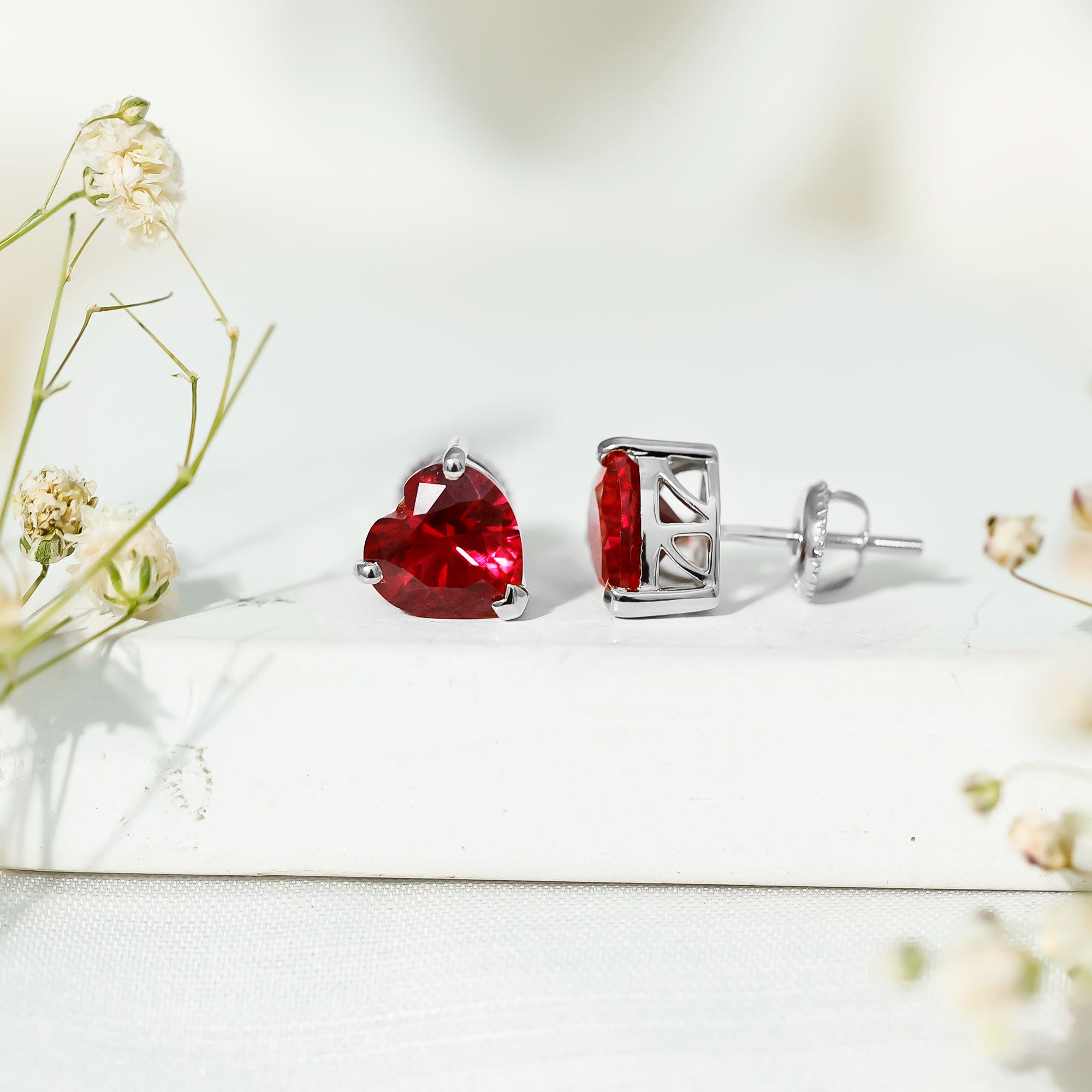 Heart Shape Lab Created Ruby Solitaire Stud Earrings AAAA - Rosec Jewels