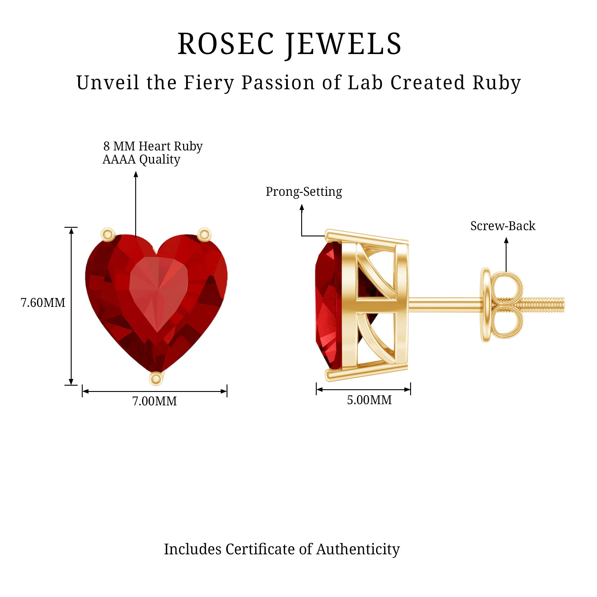 Heart Shape Lab Created Ruby Solitaire Stud Earrings AAAA - Rosec Jewels