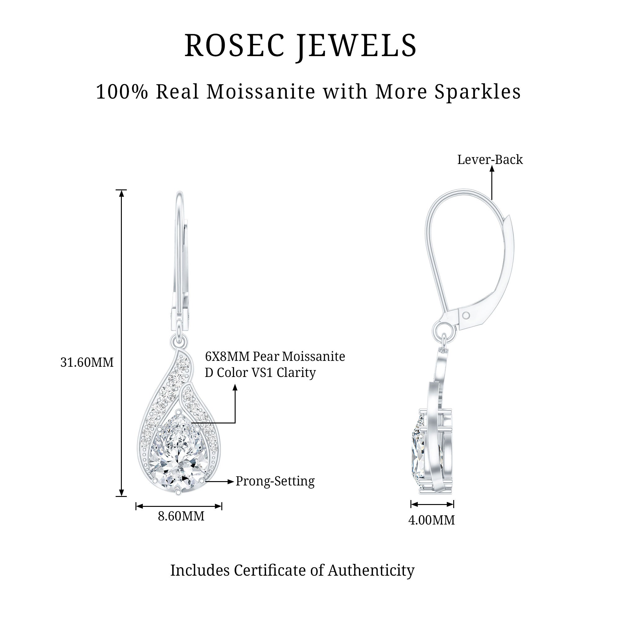 Certified Moissanite Teardrop Bridal Earrings with Leverback D-VS1 92.5 Sterling Silver - Rosec Jewels