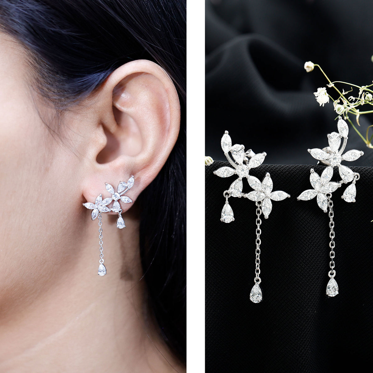Rosec Jewels-Certified Lab Grown Diamond Flower Dangle Drop Earrings