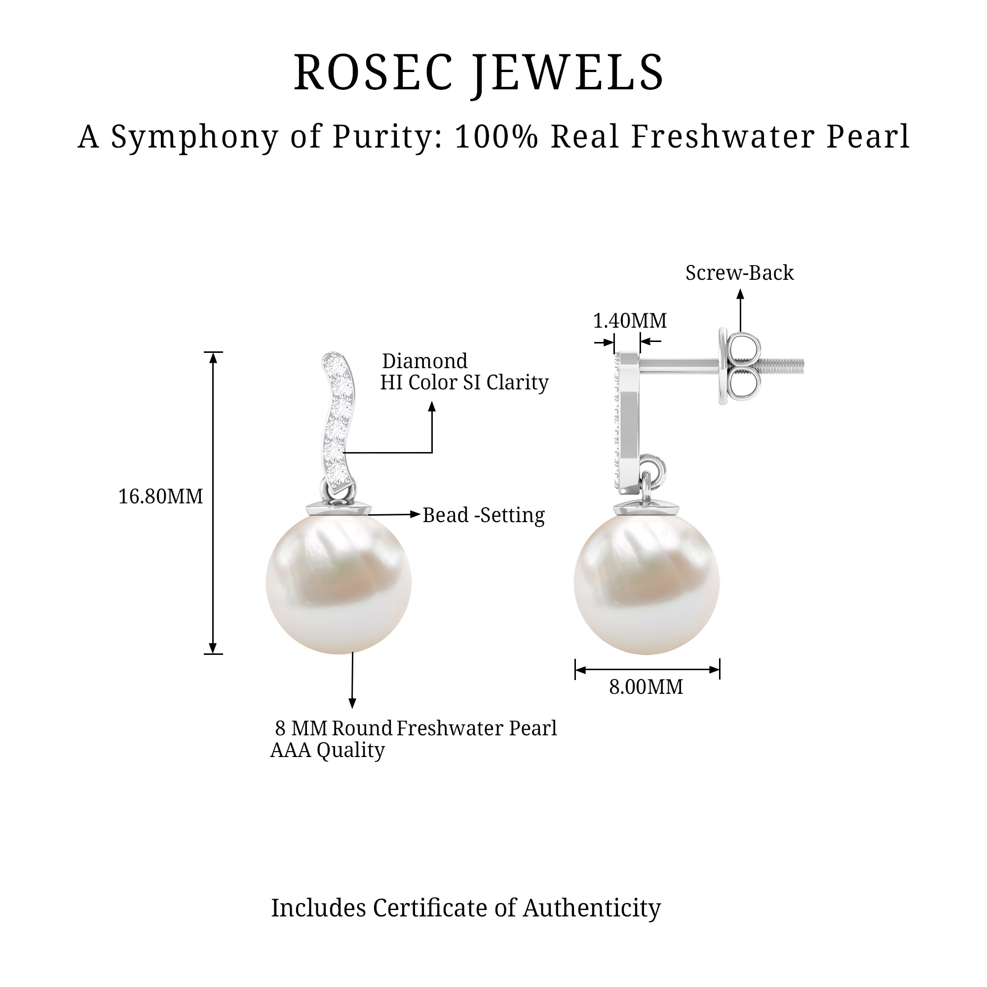 8MM Freshwater Pearl Drop Earrings with Diamond AAA - Rosec Jewels