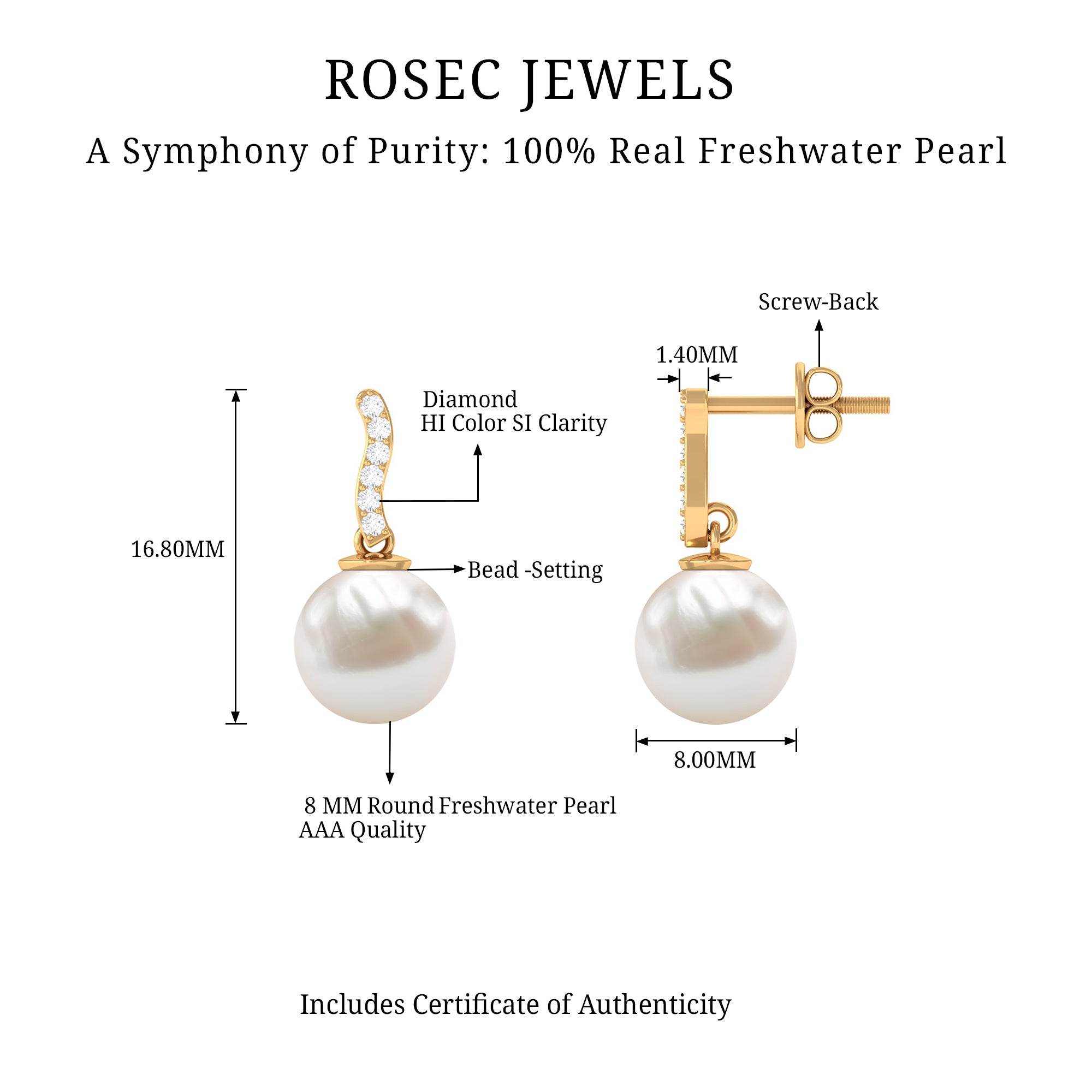 8MM Freshwater Pearl Drop Earrings with Diamond AAA - Rosec Jewels