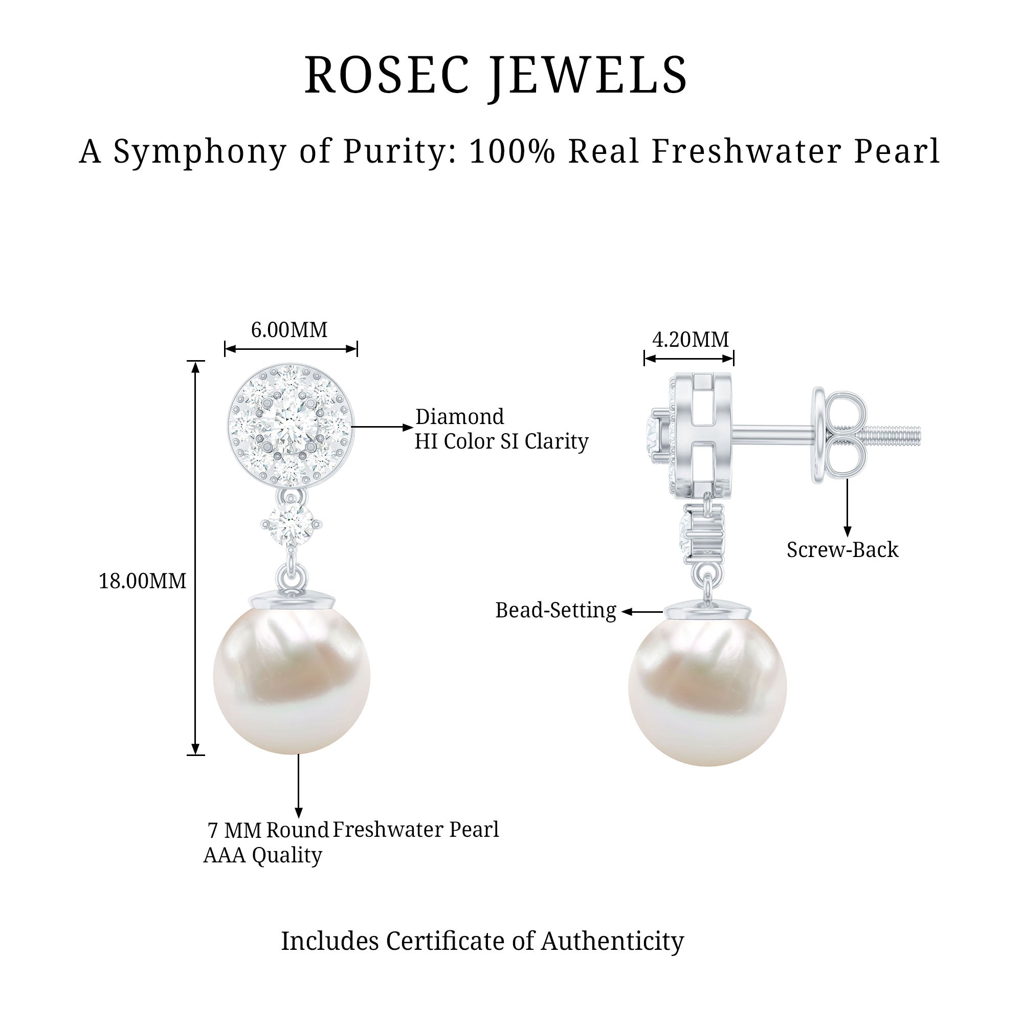 Genuine 6 Carat Freshwater Cultured Pearl Drop Earrings with Diamonds AAA - Rosec Jewels