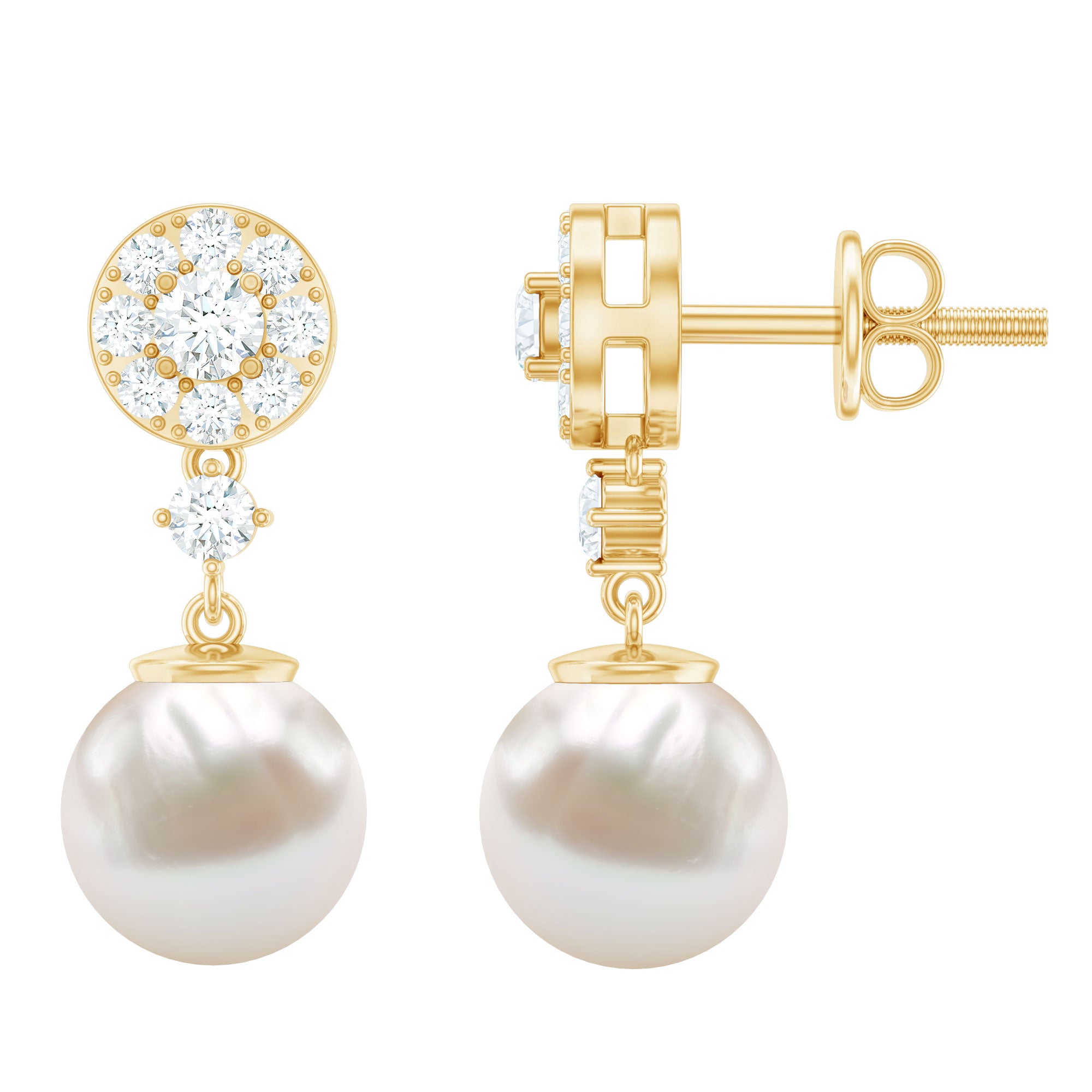 Genuine 6 Carat Freshwater Cultured Pearl Drop Earrings with Diamonds AAA - Rosec Jewels