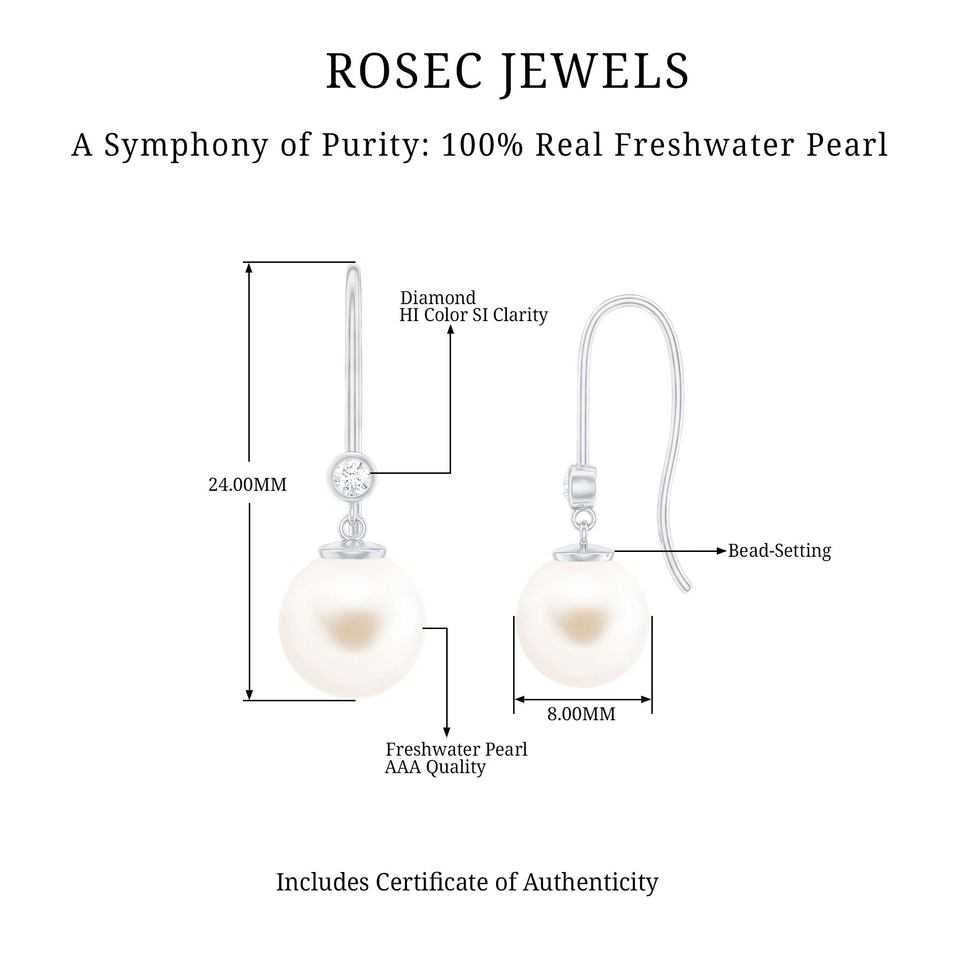 Real Freshwater Pearl Drop Earrings with Diamond AAA - Rosec Jewels
