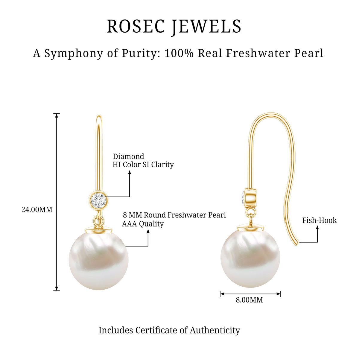 Real Freshwater Pearl Drop Earrings with Diamond AAA - Rosec Jewels
