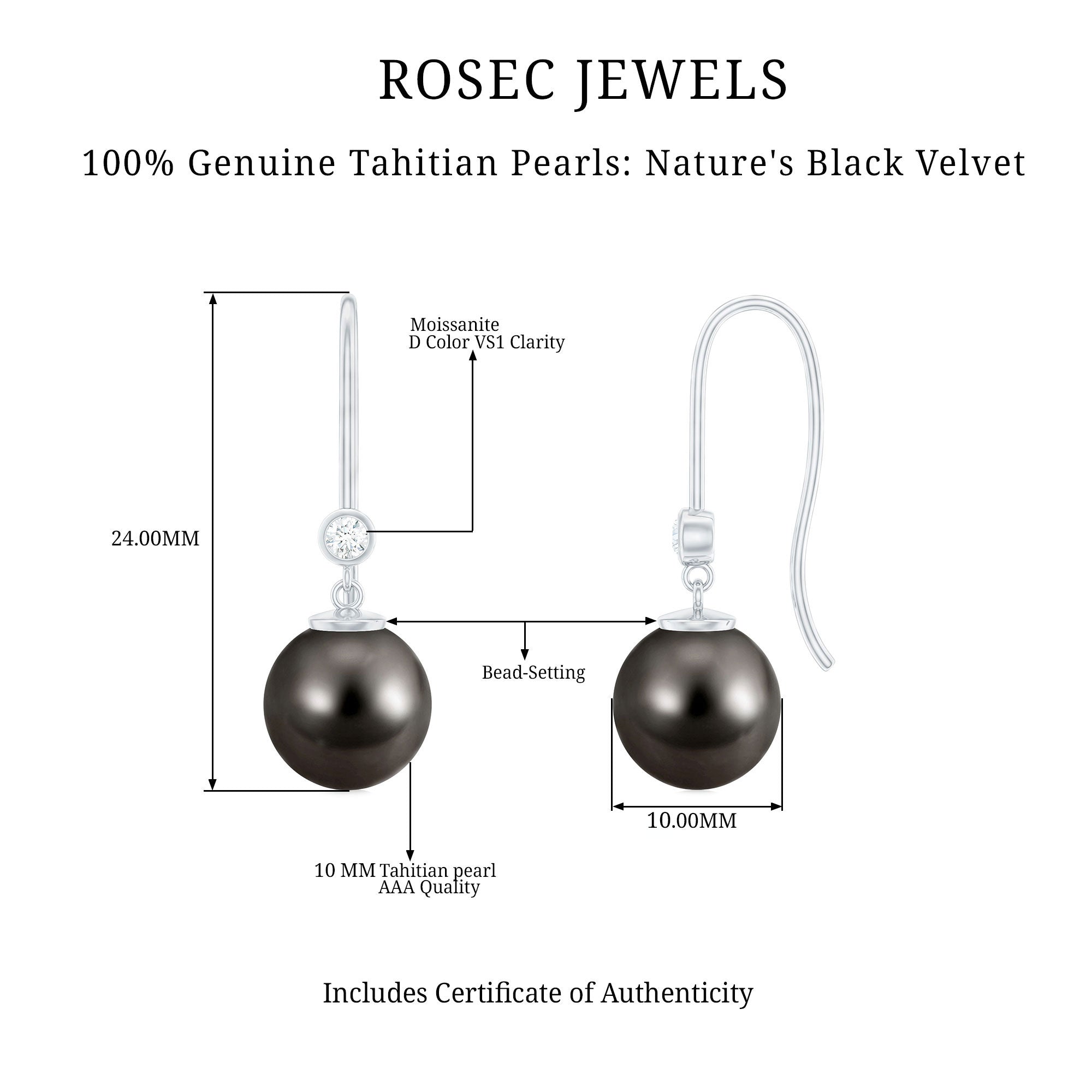 16 Carat Tahitian Black Pearl Dangling Earrings with Diamond AAA - Rosec Jewels