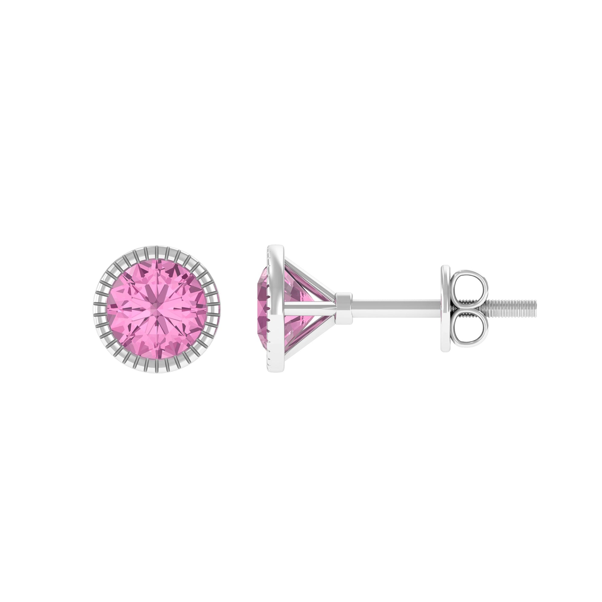Engraved Bezel Set Pink Tourmaline Gold Solitaire Stud Earring