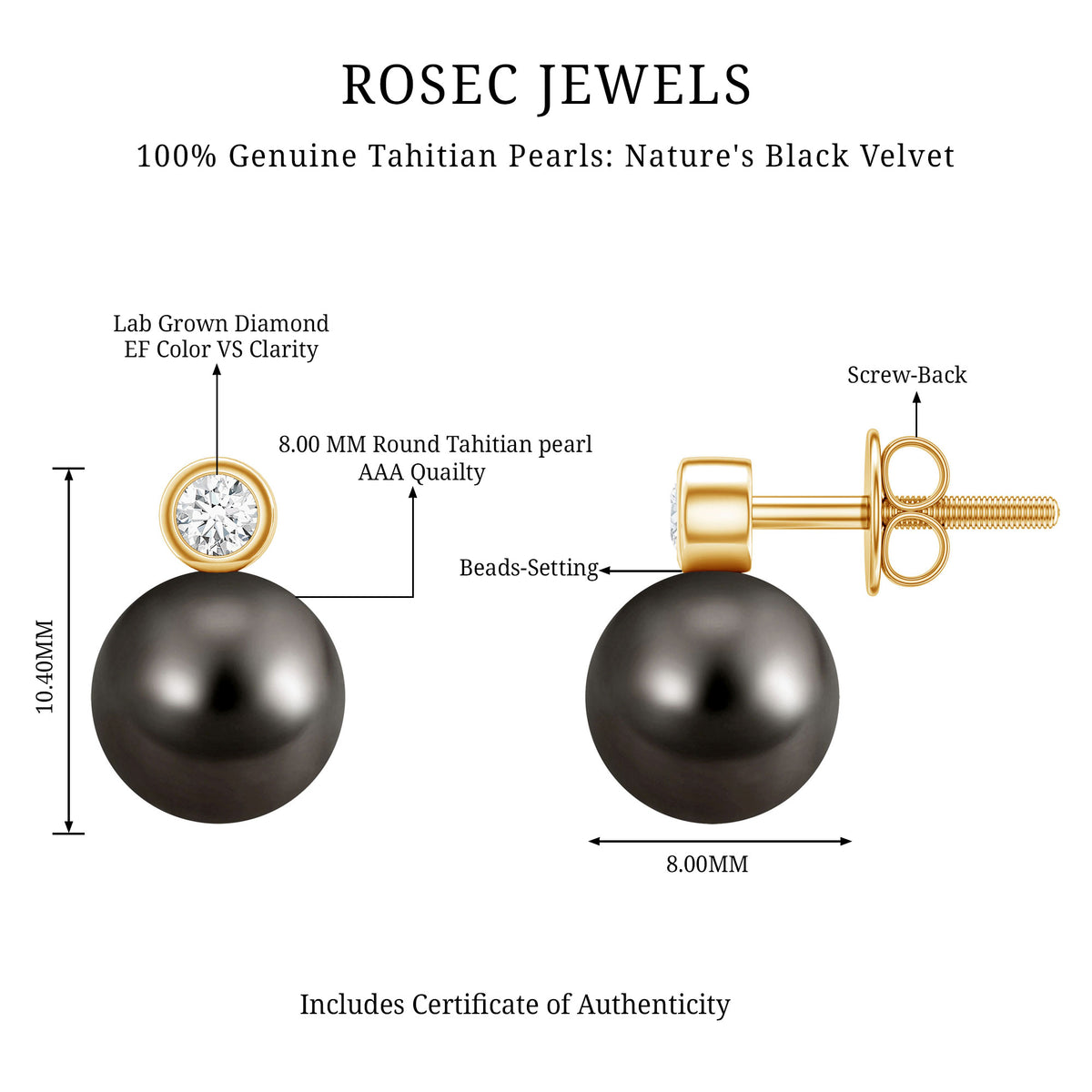 Genuine Tahitian Black Pearl Stud Earrings For Women AAA - Rosec Jewels