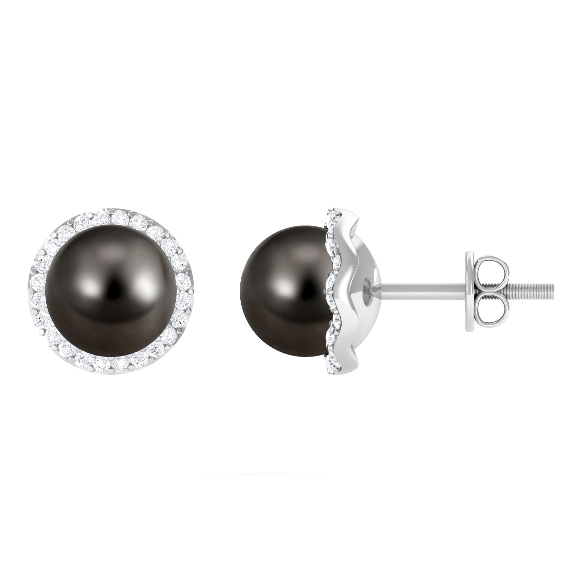 16 CT Black Pearl and Diamond Halo Stud Earrings