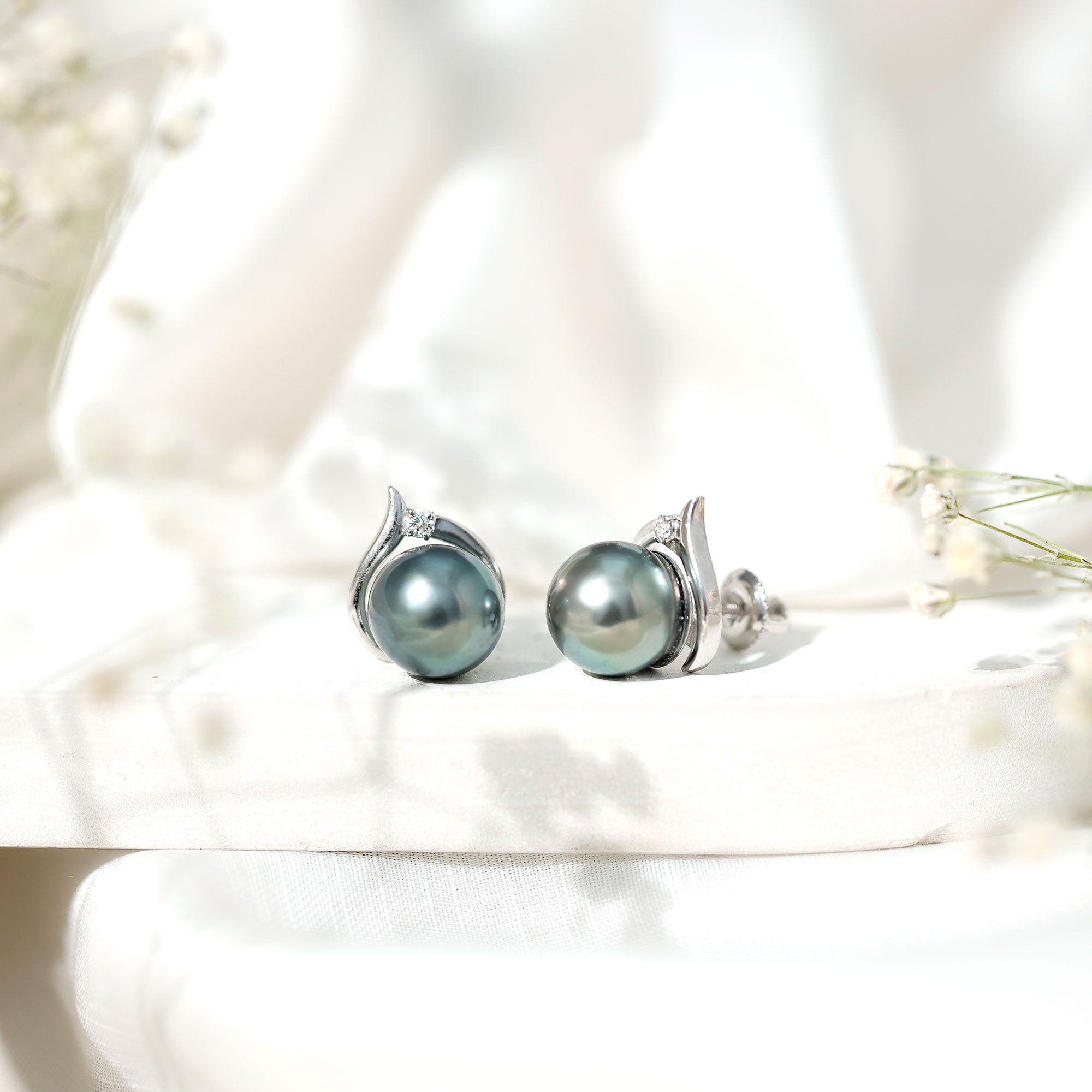 Cultured 15 Carat Tahitian Pearl Bridal Stud Earrings with Diamond AAA - Rosec Jewels