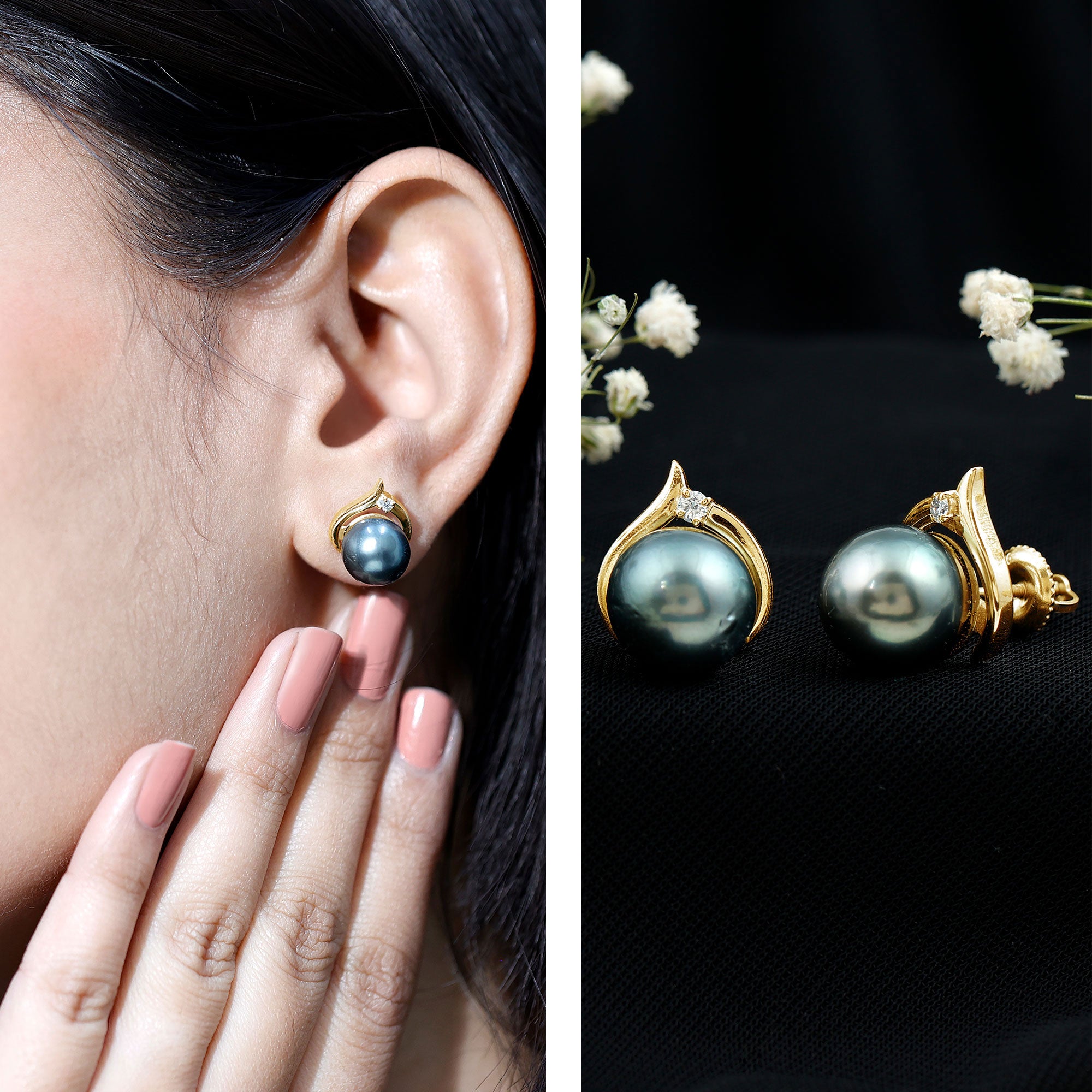 Cultured 15 Carat Tahitian Pearl Bridal Stud Earrings with Diamond AAA - Rosec Jewels