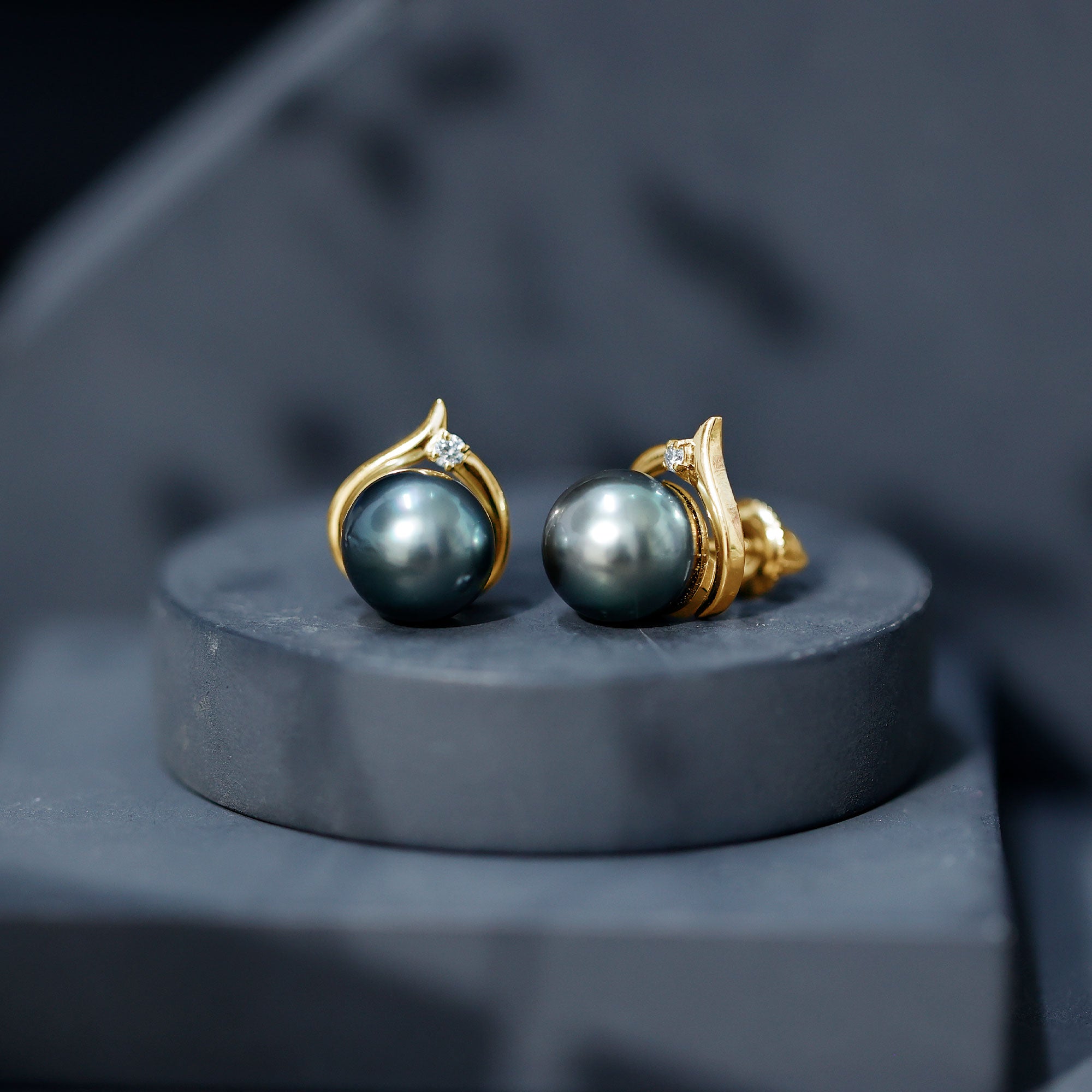 Cultured 15 Carat Tahitian Pearl Bridal Stud Earrings with Diamond AAA - Rosec Jewels