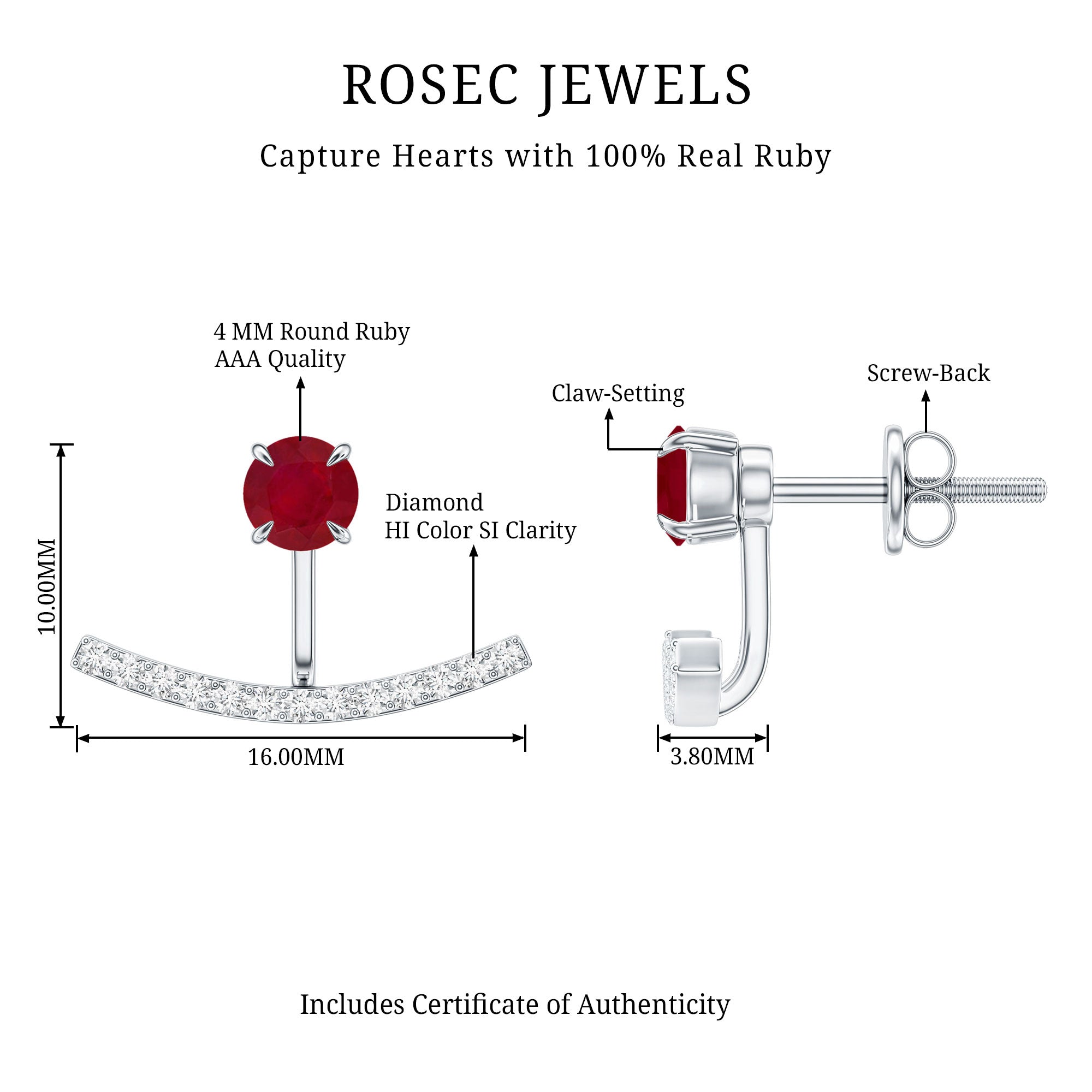 Real Ruby Front Back Earrings with Diamond AAA - Rosec Jewels