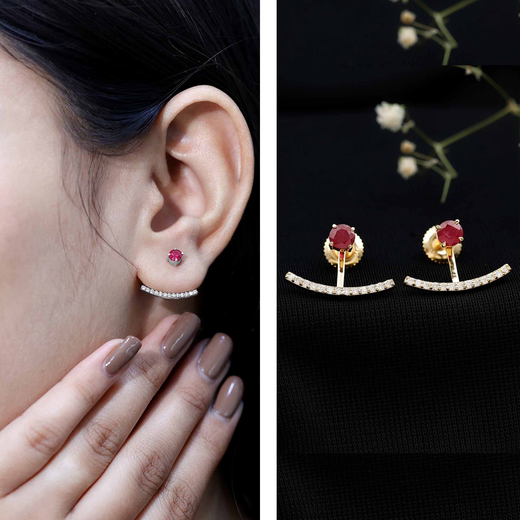 Real Ruby Front Back Earrings with Diamond AAA - Rosec Jewels