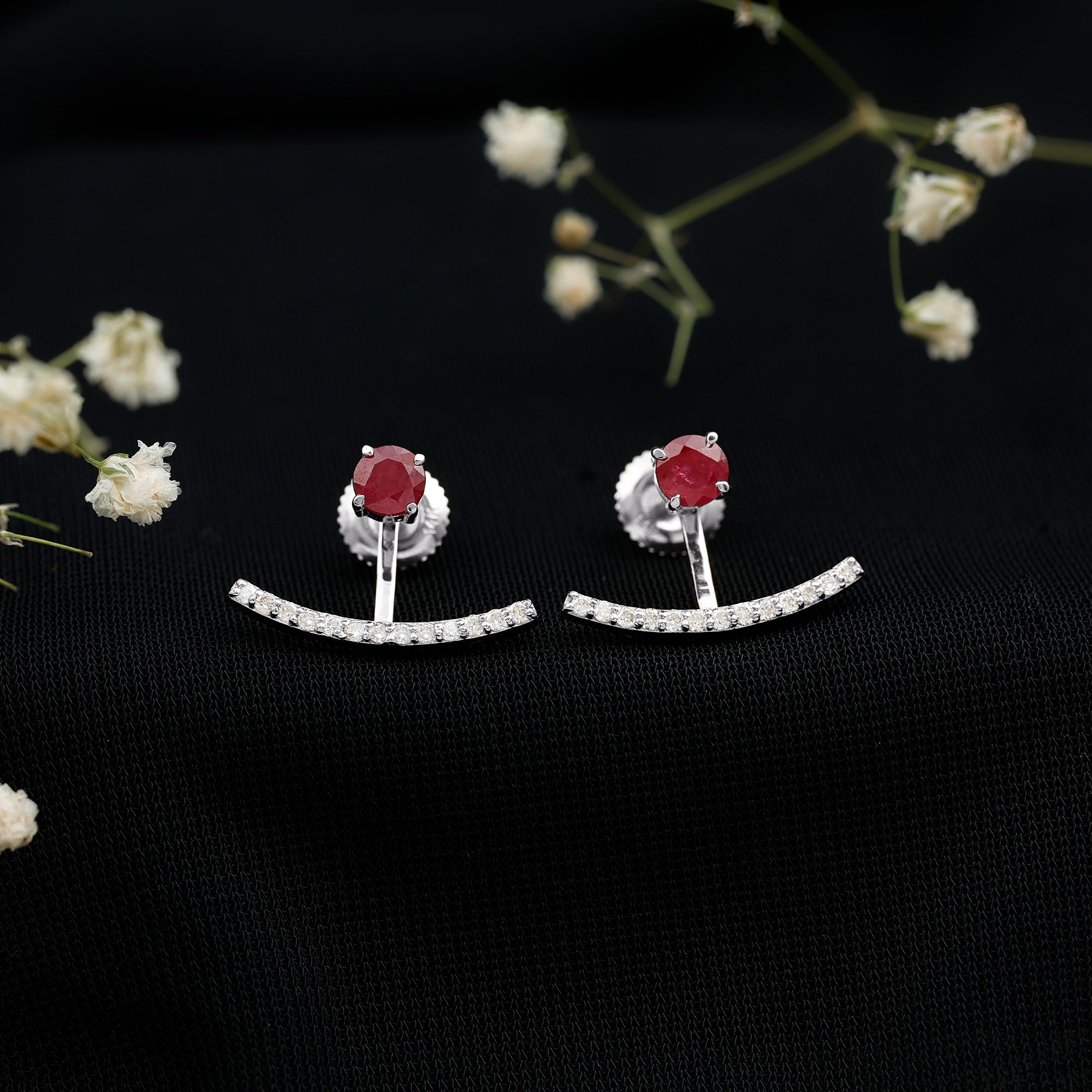 Real Ruby Front Back Earrings with Diamond AAA - Rosec Jewels
