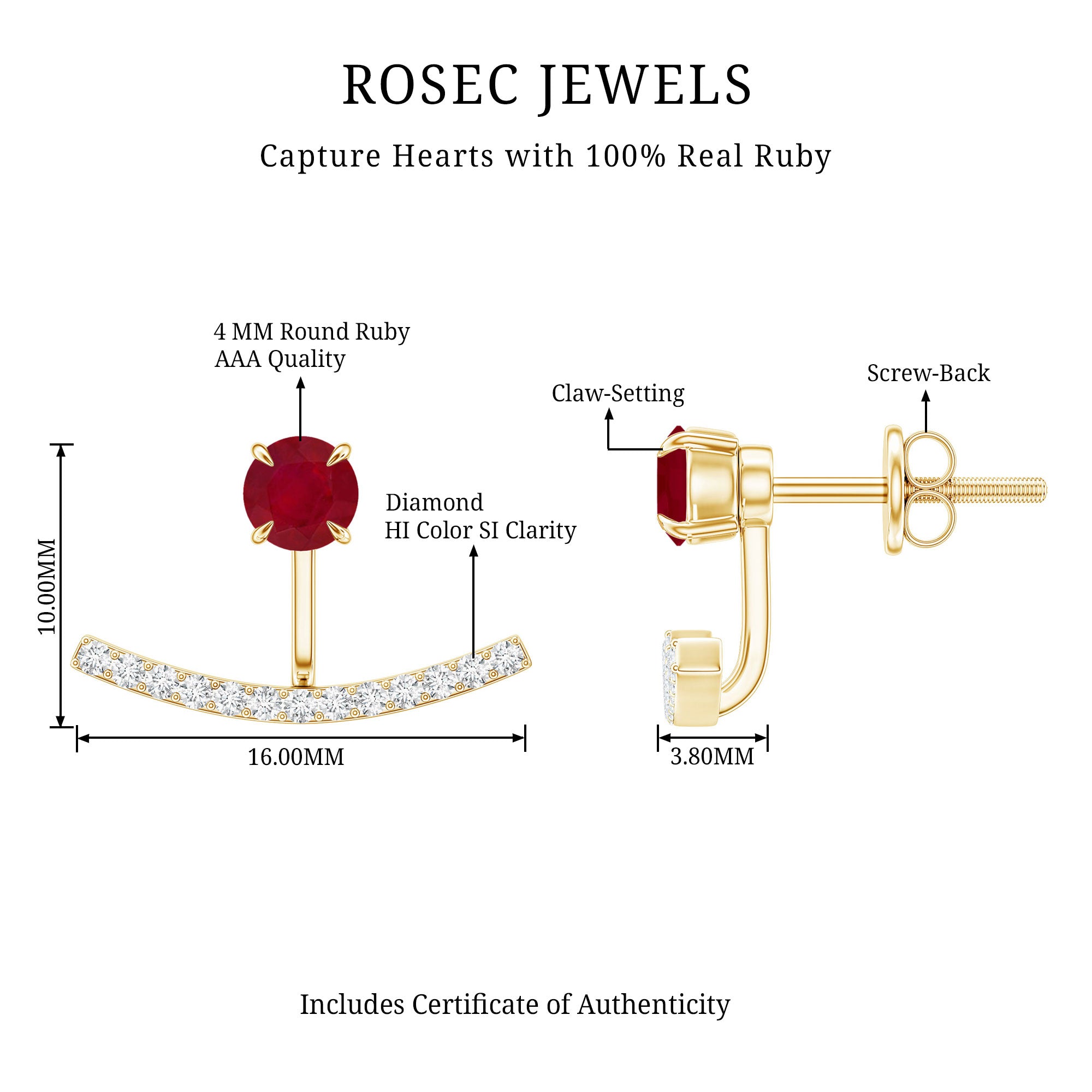 Real Ruby Front Back Earrings with Diamond AAA - Rosec Jewels
