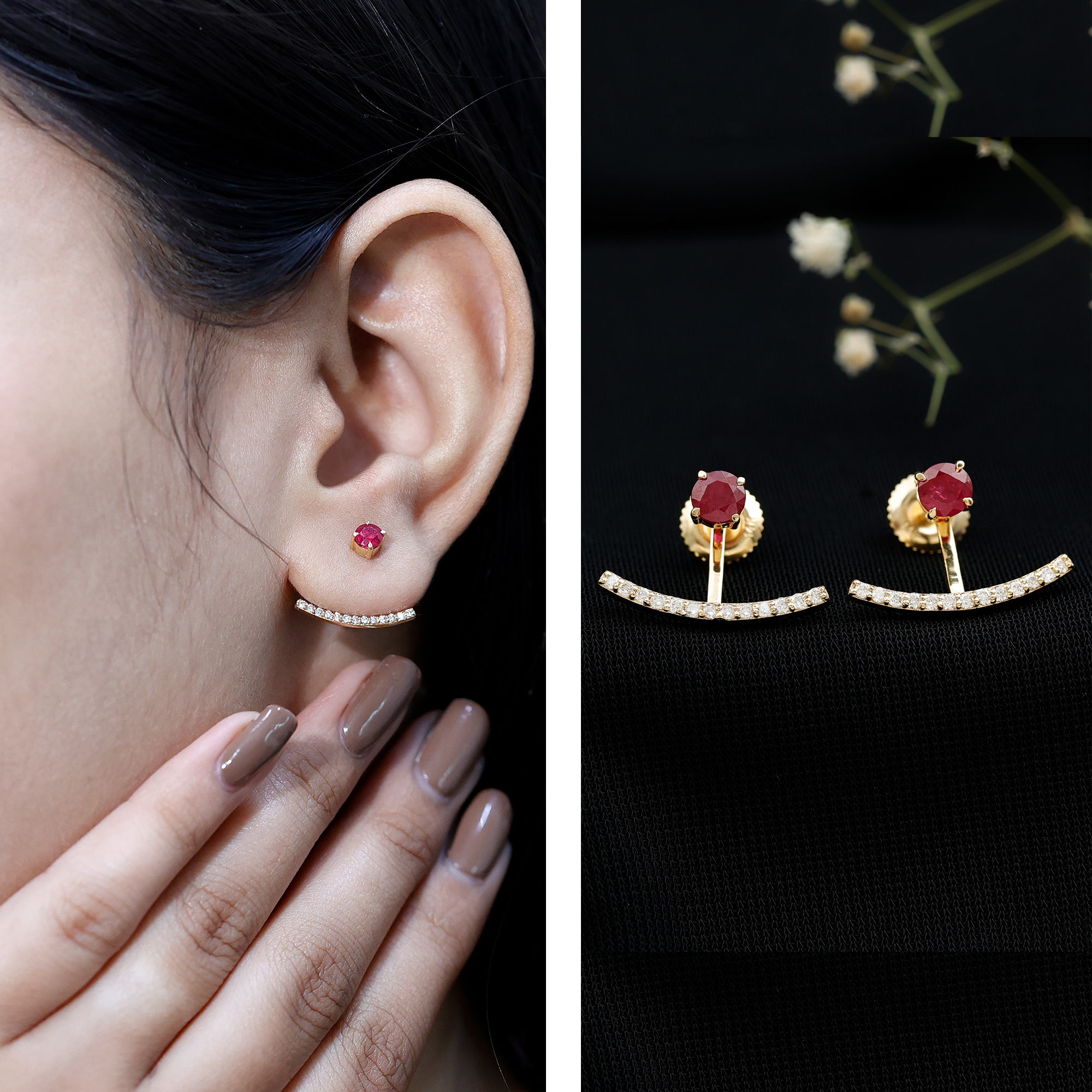 Real Ruby Front Back Earrings with Diamond AAA - Rosec Jewels