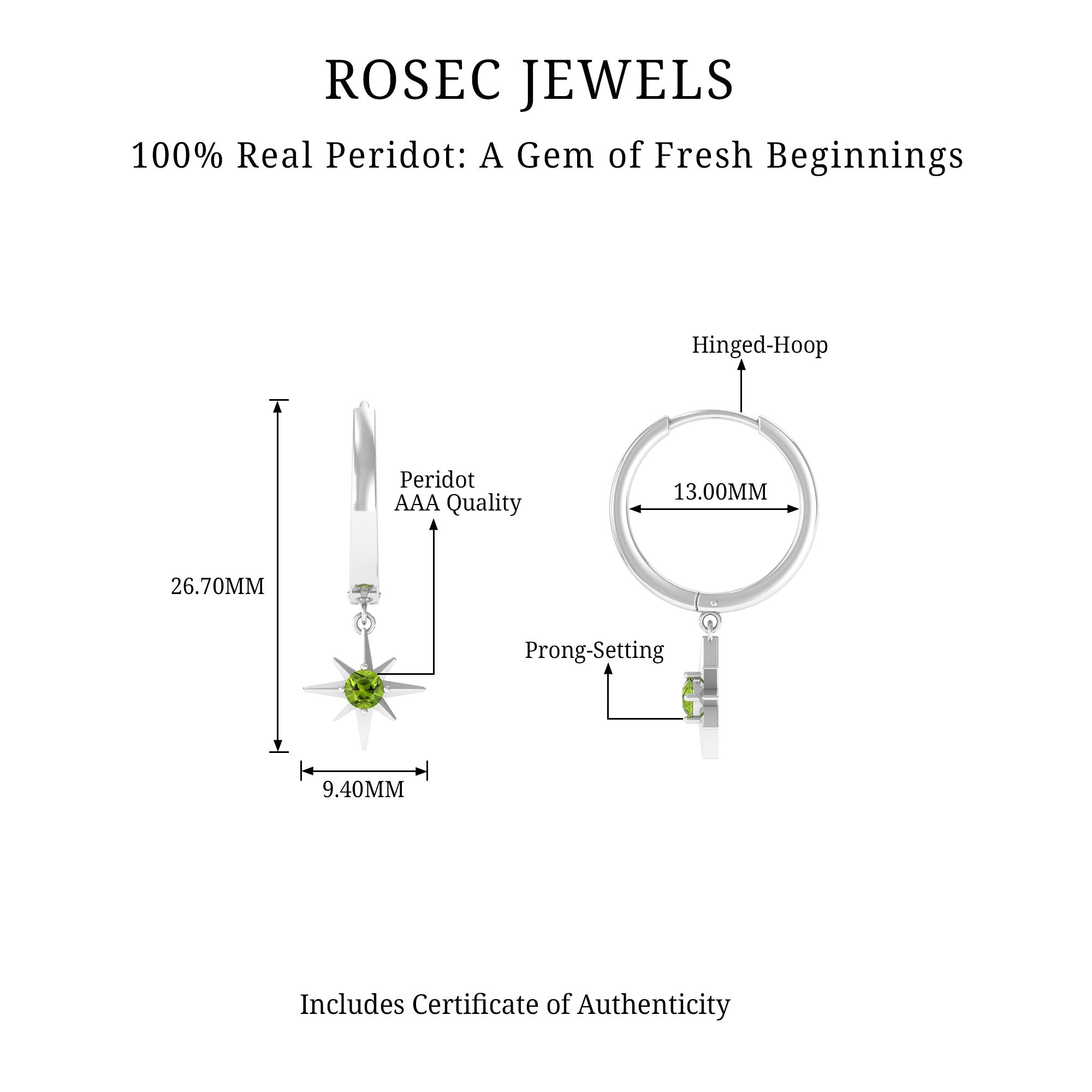 Real Peridot Starburst Hoop Drop Earrings AAA - Rosec Jewels