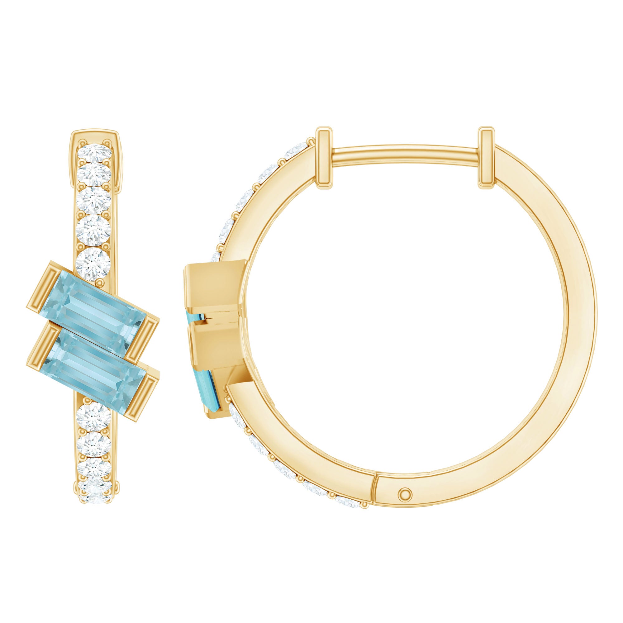 Natural Baguette Shape Sky Blue Topaz Diamond Hoop Earrings AAA 14K Yellow Gold Plated Silver - Rosec Jewels