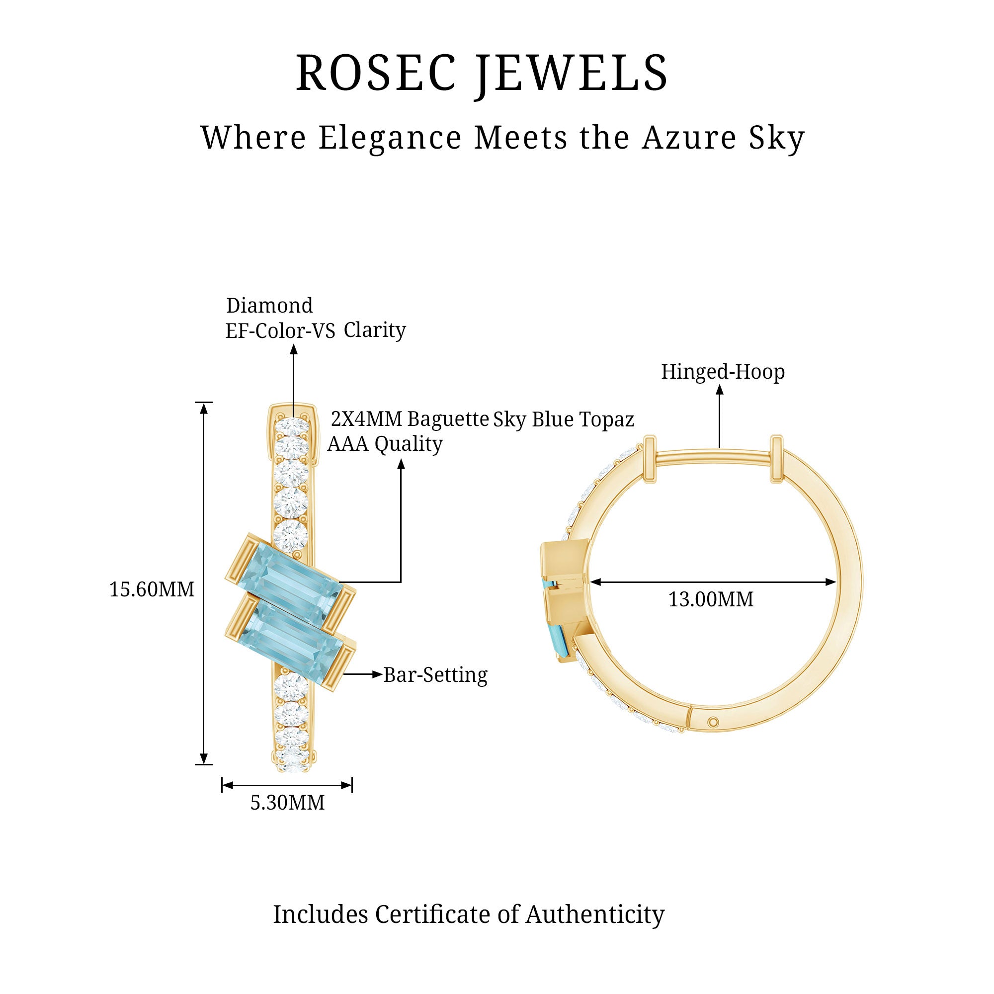 Natural Baguette Shape Sky Blue Topaz Diamond Hoop Earrings AAA 14K Yellow Gold Plated Silver - Rosec Jewels