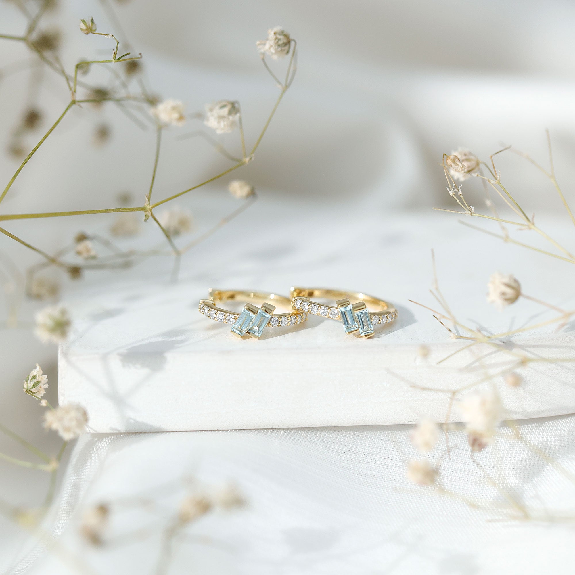 Natural Baguette Shape Sky Blue Topaz Diamond Hoop Earrings AAA 14K Yellow Gold Plated Silver - Rosec Jewels
