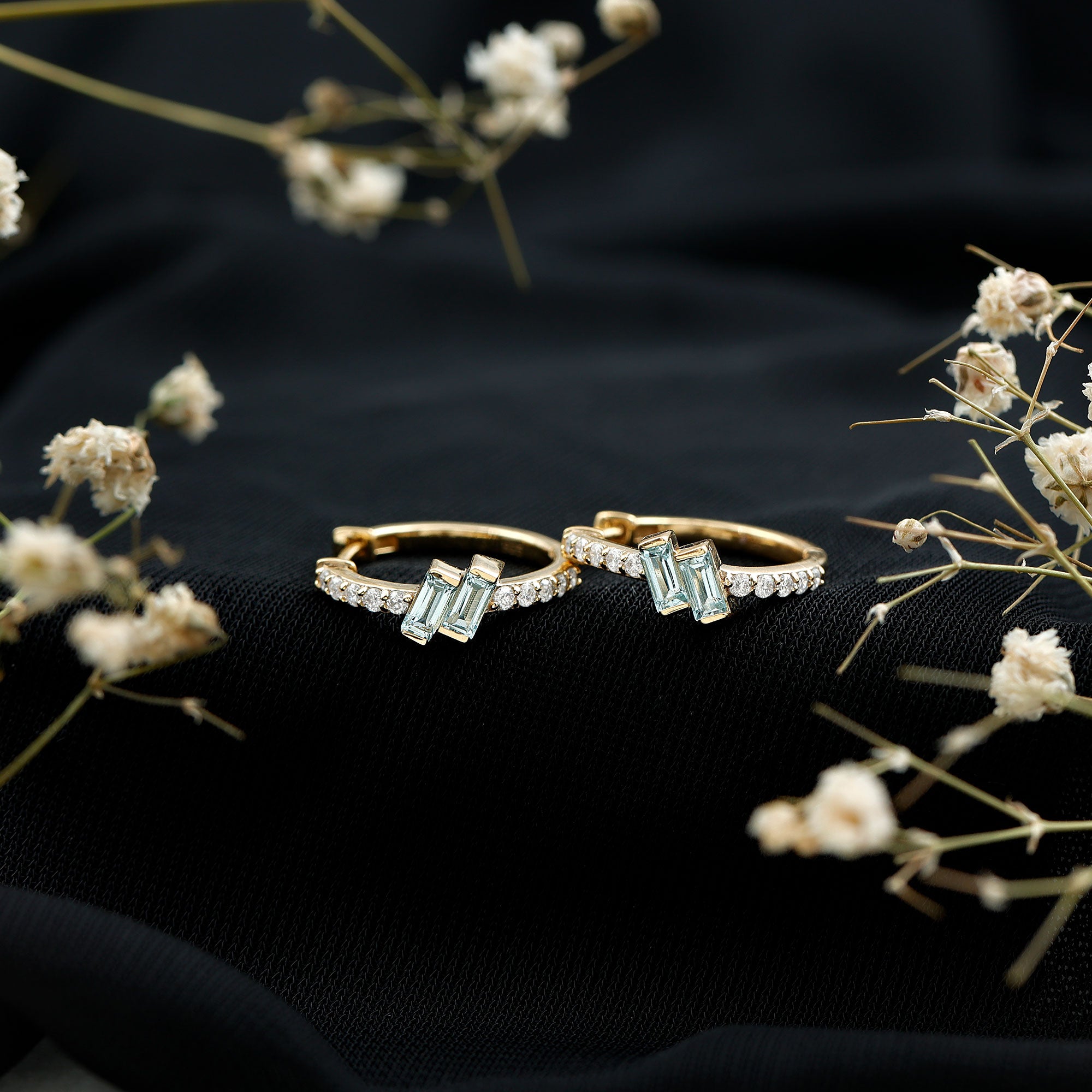 Natural Baguette Shape Sky Blue Topaz Diamond Hoop Earrings AAA 14K Yellow Gold Plated Silver - Rosec Jewels
