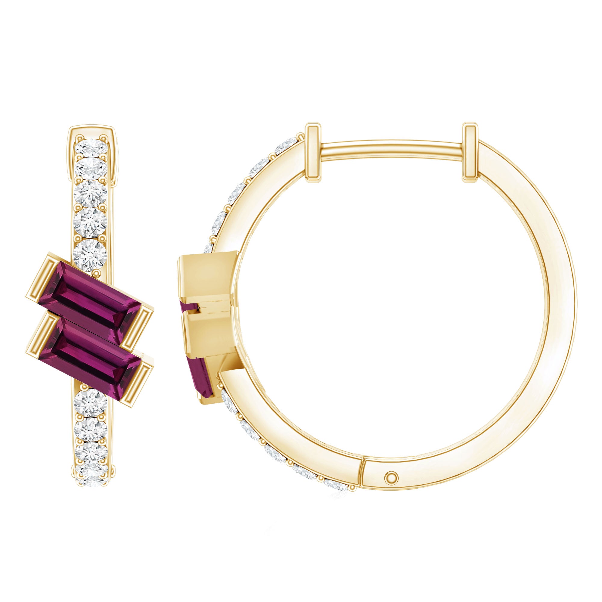 Rhodolite Garnet and Diamond Hoop Earrings in Gold Plated Silver AAA 14K Yellow Gold Plated Silver - Rosec Jewels