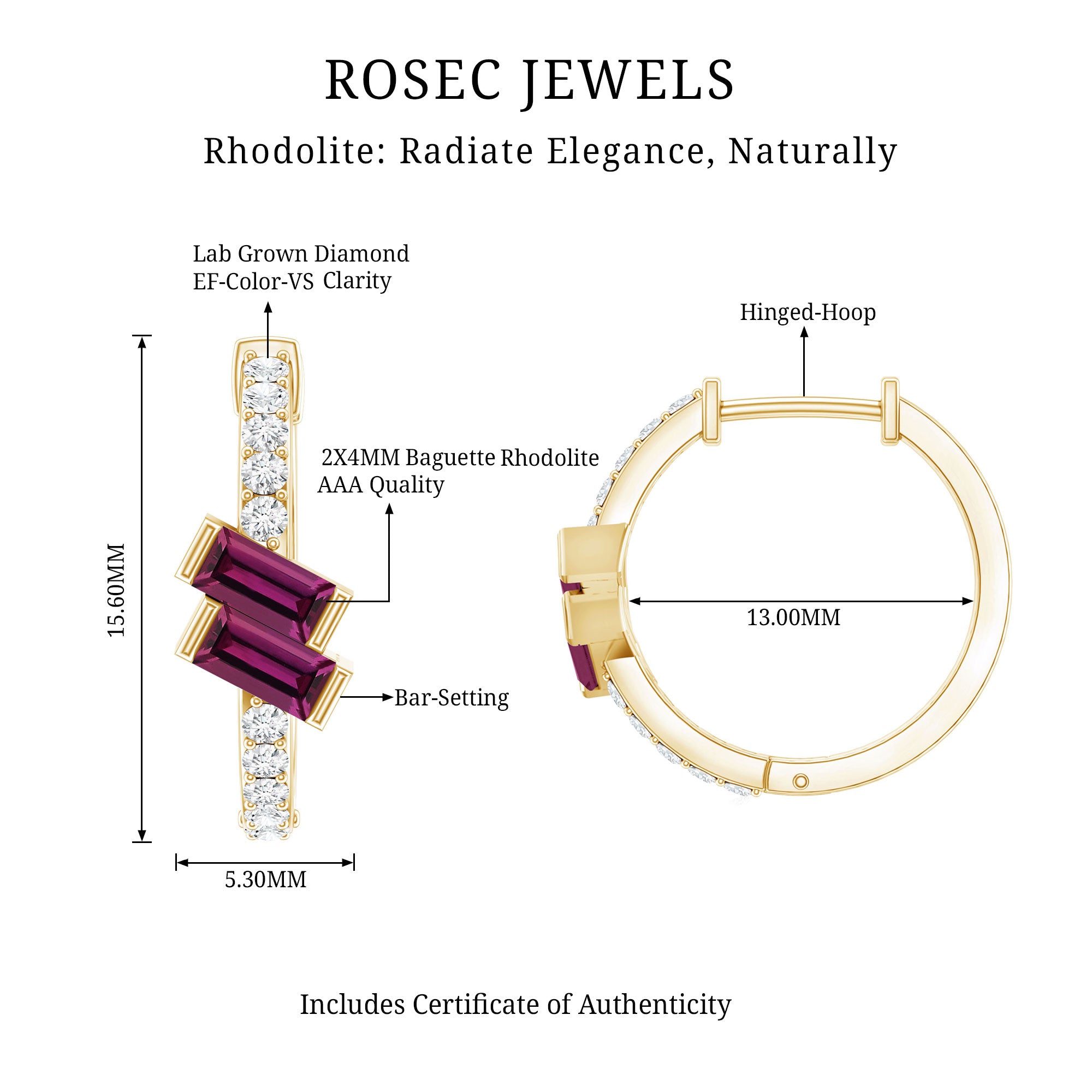 Rhodolite Garnet and Diamond Hoop Earrings in Gold Plated Silver AAA 14K Yellow Gold Plated Silver - Rosec Jewels