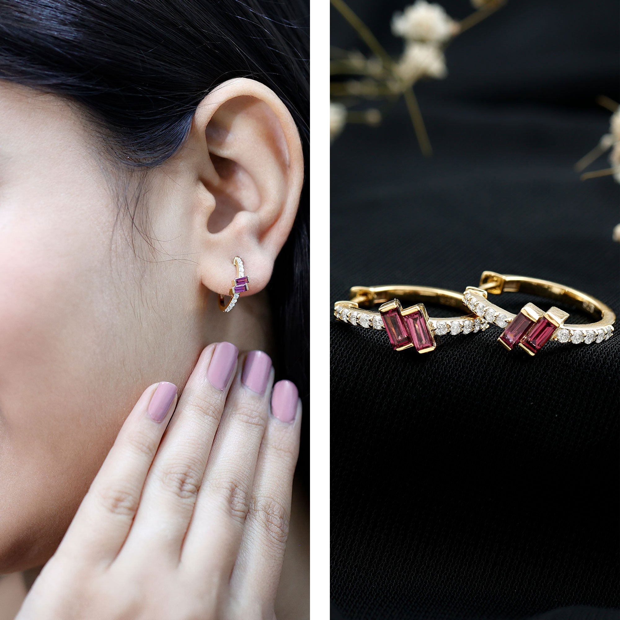 Rhodolite Garnet and Diamond Hoop Earrings in Gold Plated Silver AAA 14K Yellow Gold Plated Silver - Rosec Jewels