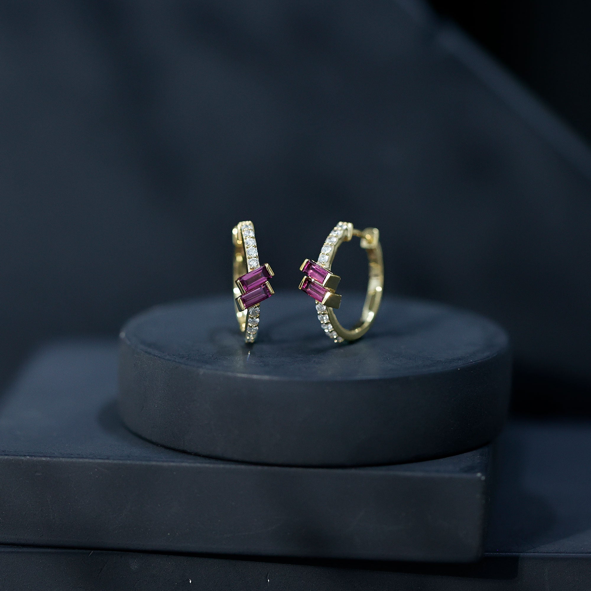 Rhodolite Garnet and Diamond Hoop Earrings in Gold Plated Silver AAA 14K Yellow Gold Plated Silver - Rosec Jewels