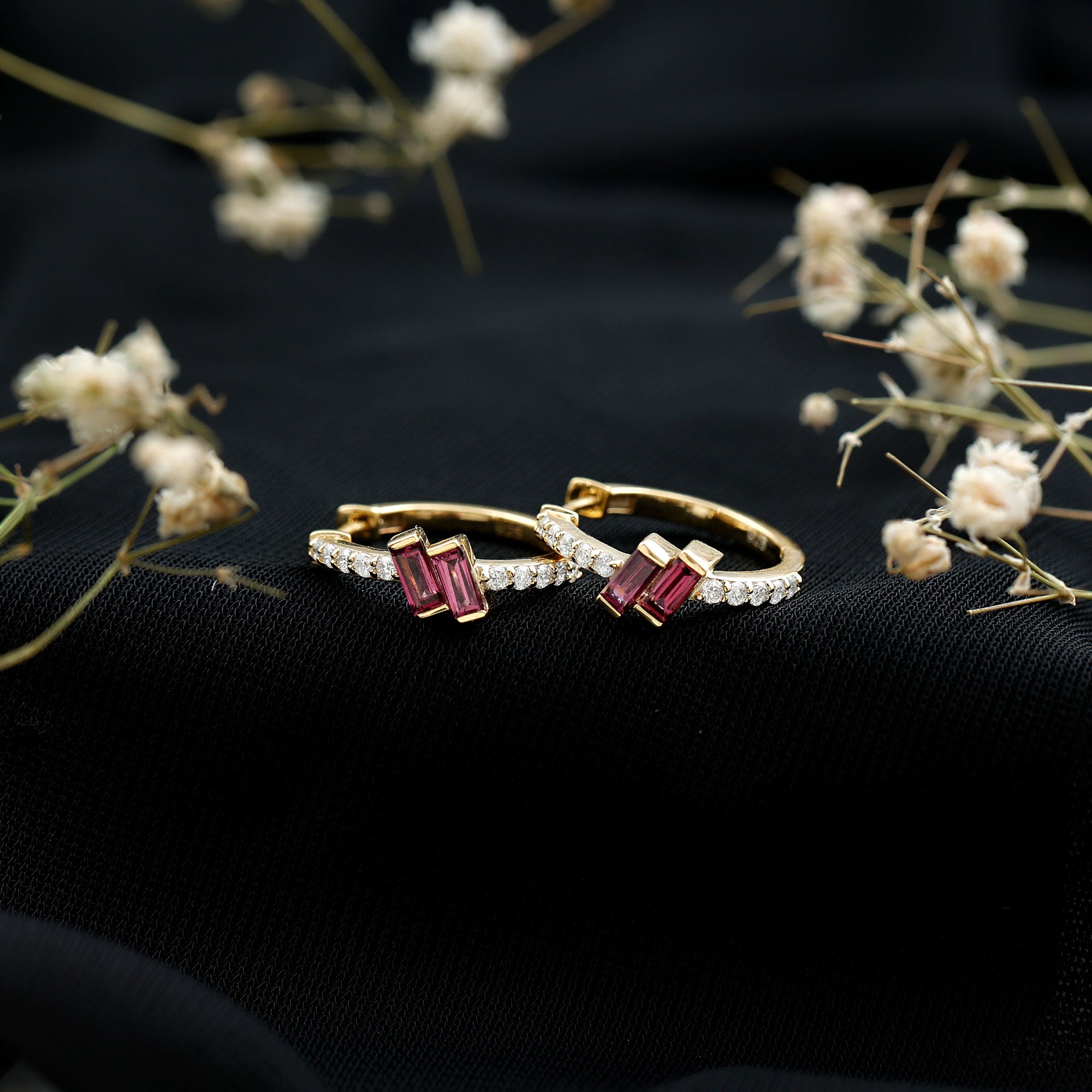 Rhodolite Garnet and Diamond Hoop Earrings in Gold Plated Silver AAA 14K Yellow Gold Plated Silver - Rosec Jewels