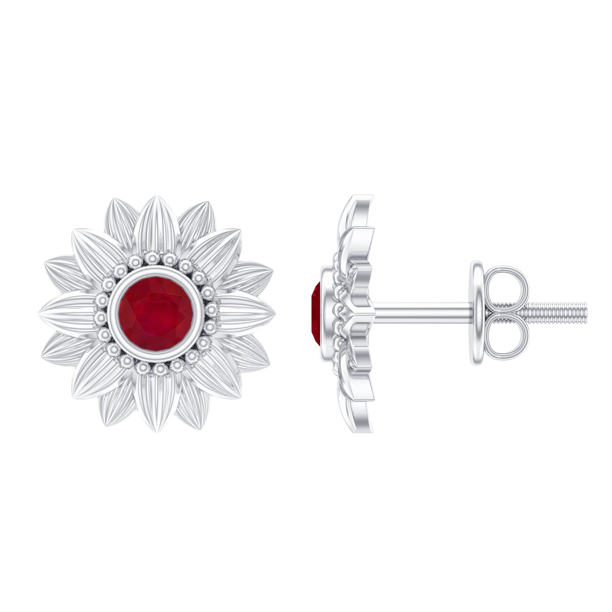 Bezel Set Real Ruby Flower Stud Earrings AAA - Rosec Jewels