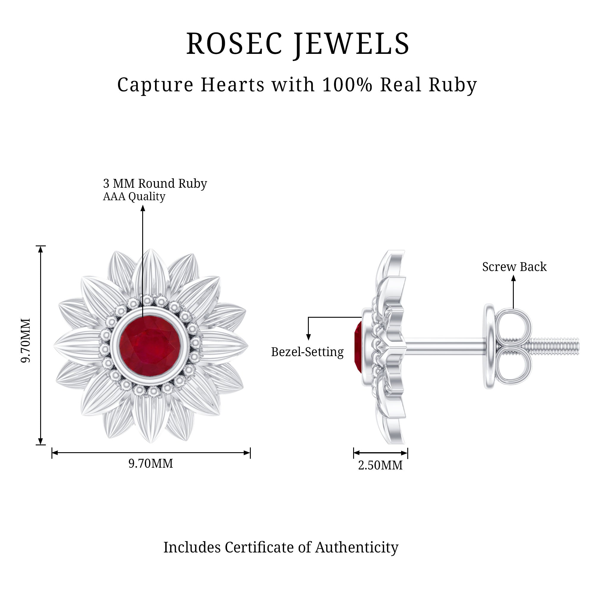 Bezel Set Real Ruby Flower Stud Earrings AAA - Rosec Jewels