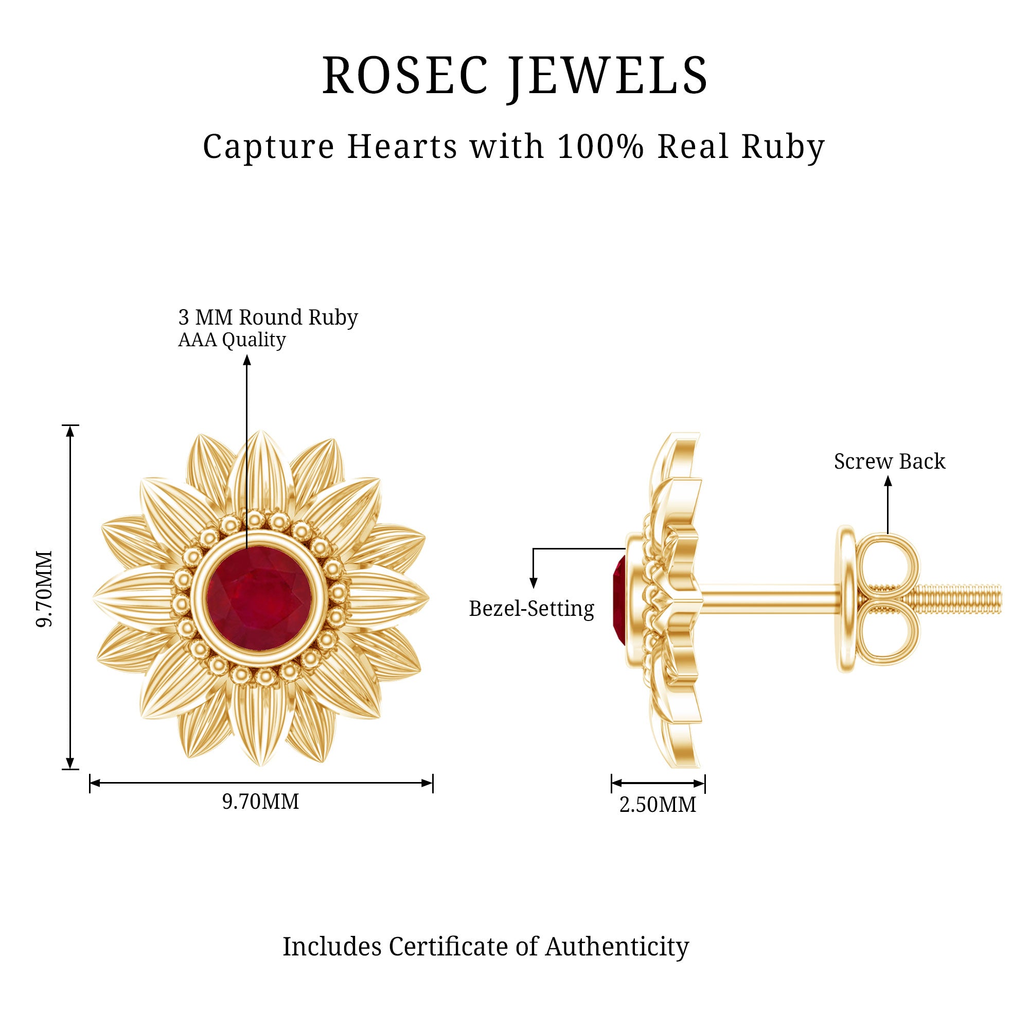Bezel Set Real Ruby Flower Stud Earrings AAA - Rosec Jewels