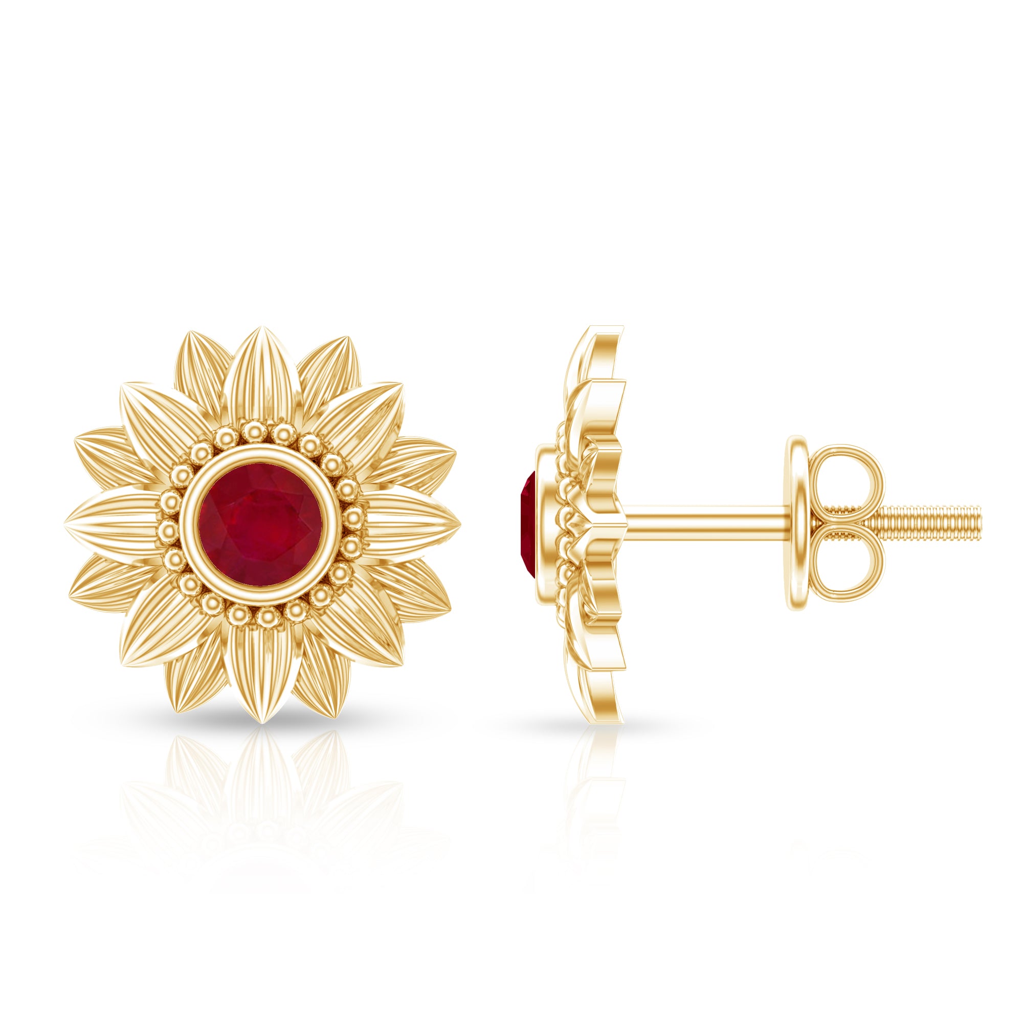 Bezel Set Real Ruby Flower Stud Earrings AAA - Rosec Jewels