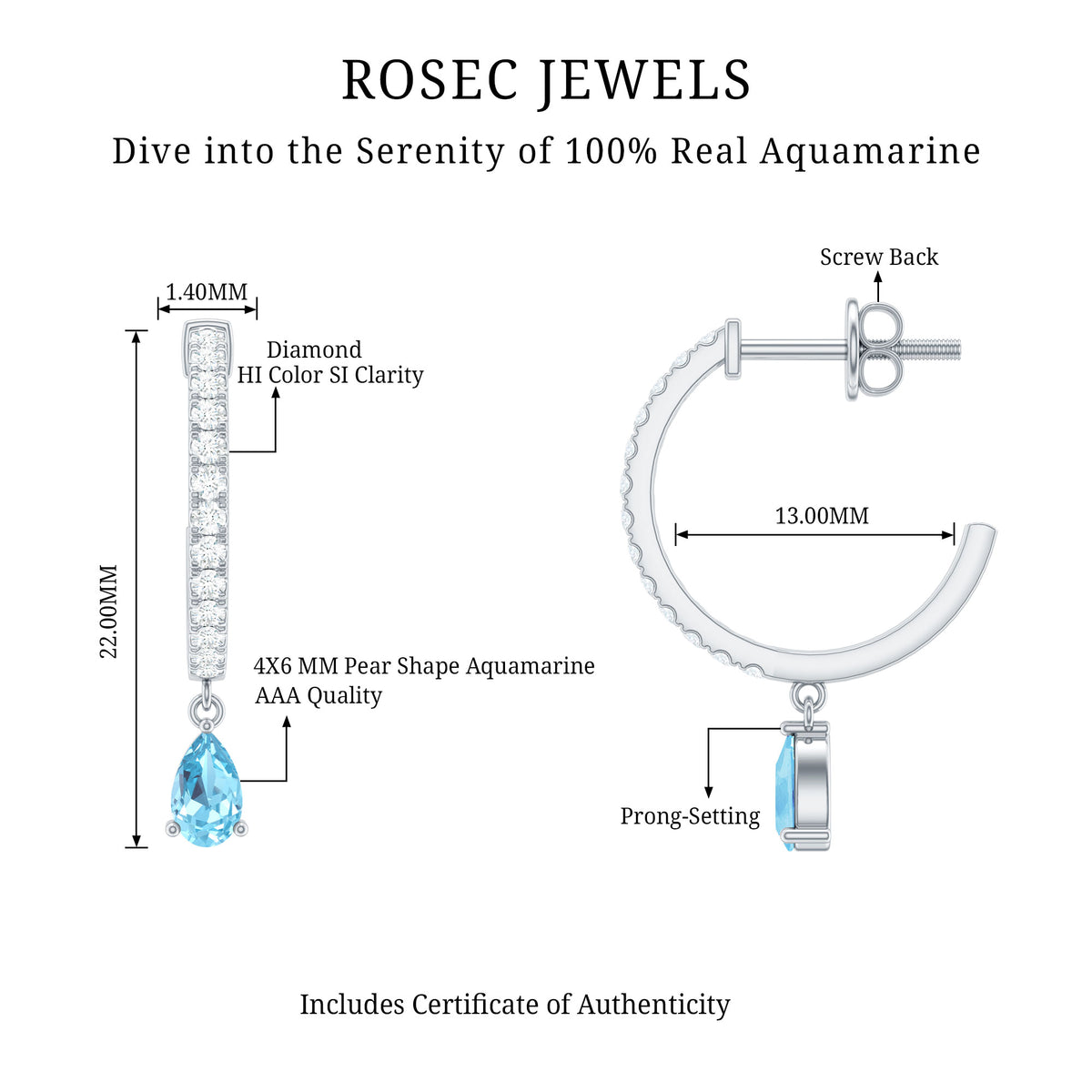 Aquamarine and Diamond Hoop Drop Earrings AAA - Rosec Jewels