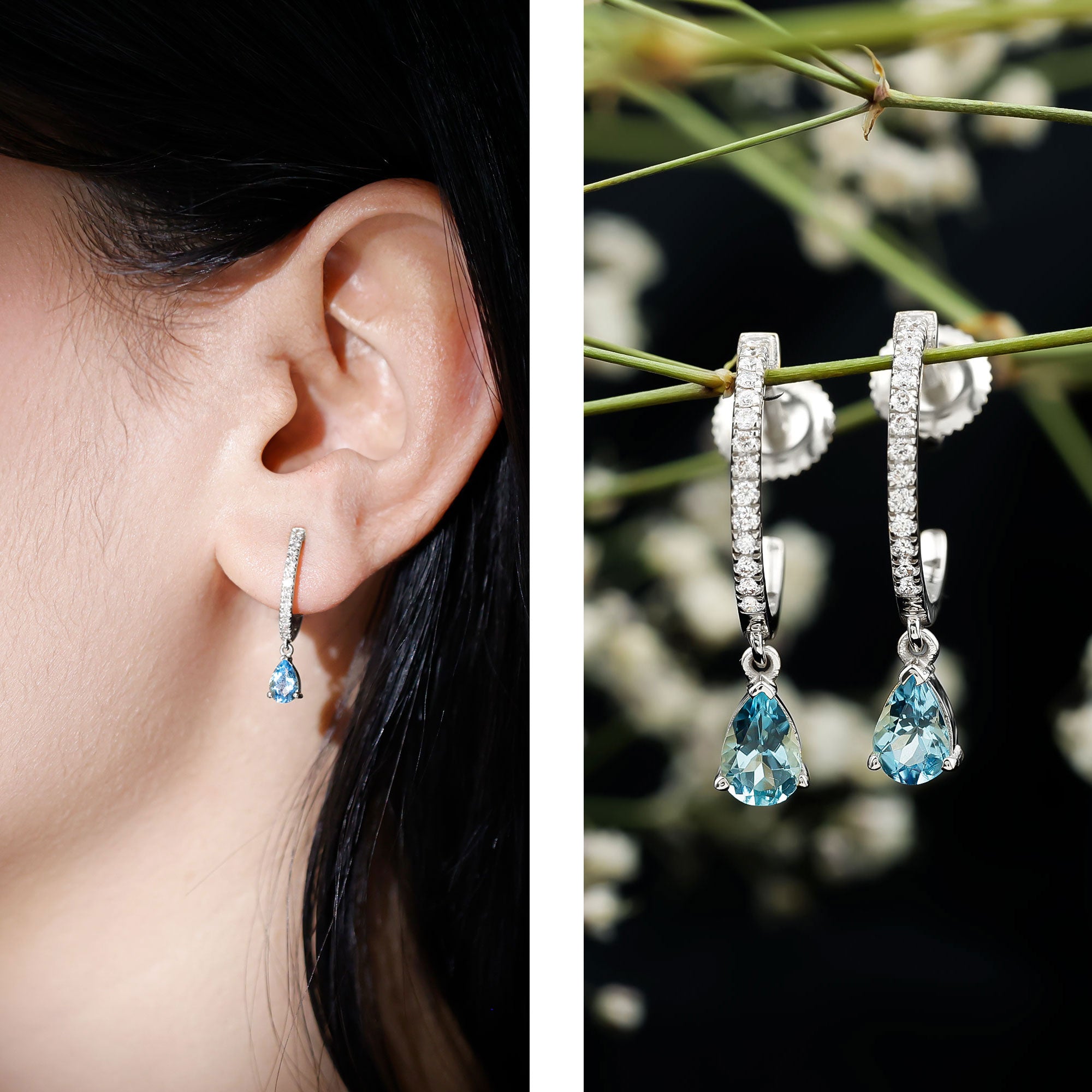 Aquamarine and Diamond Hoop Drop Earrings AAA - Rosec Jewels