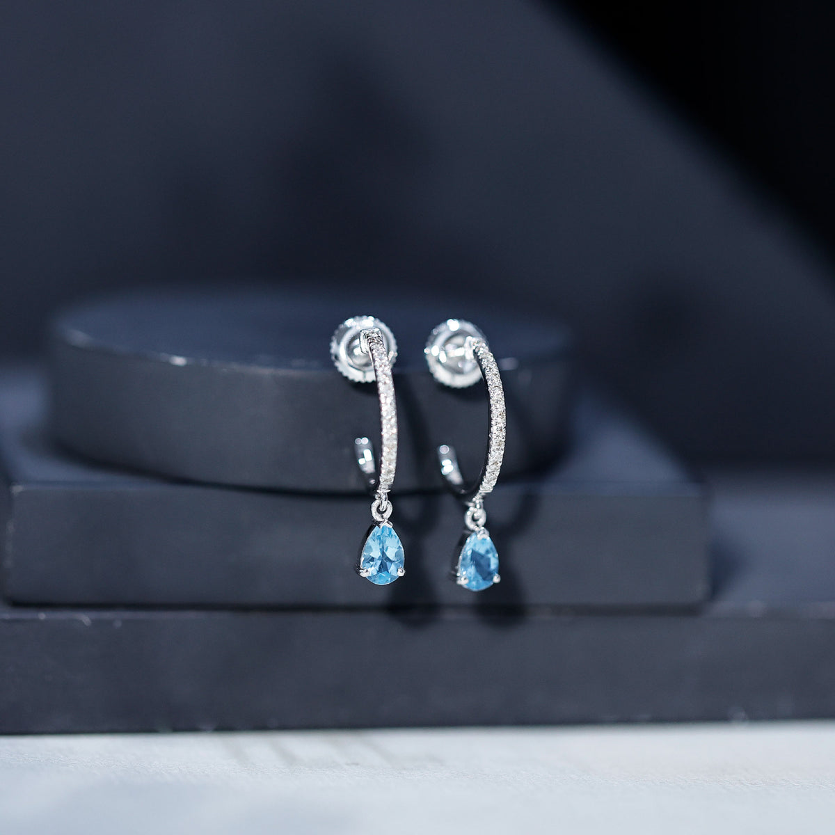 Aquamarine and Diamond Hoop Drop Earrings AAA - Rosec Jewels
