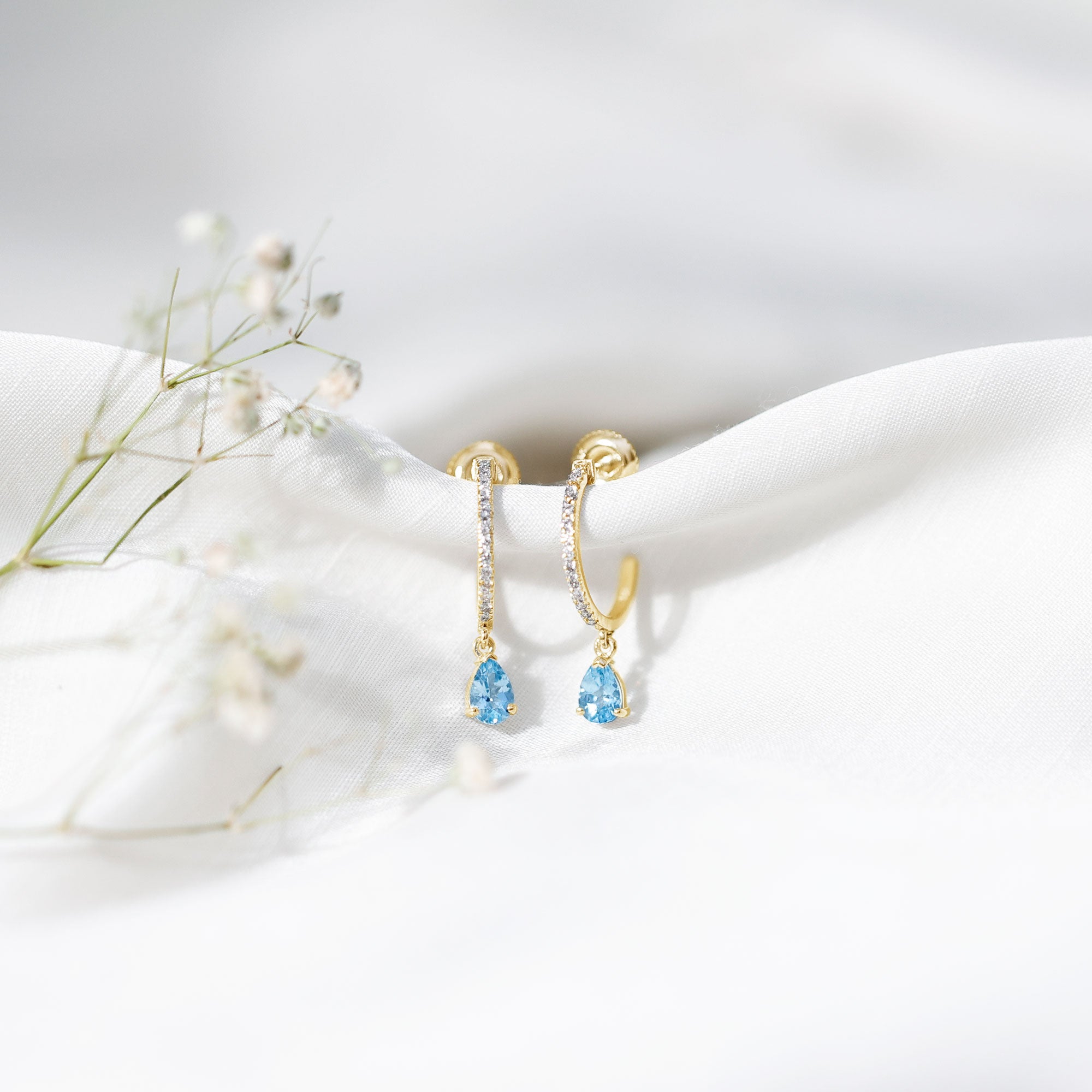 Aquamarine and Diamond Hoop Drop Earrings AAA - Rosec Jewels