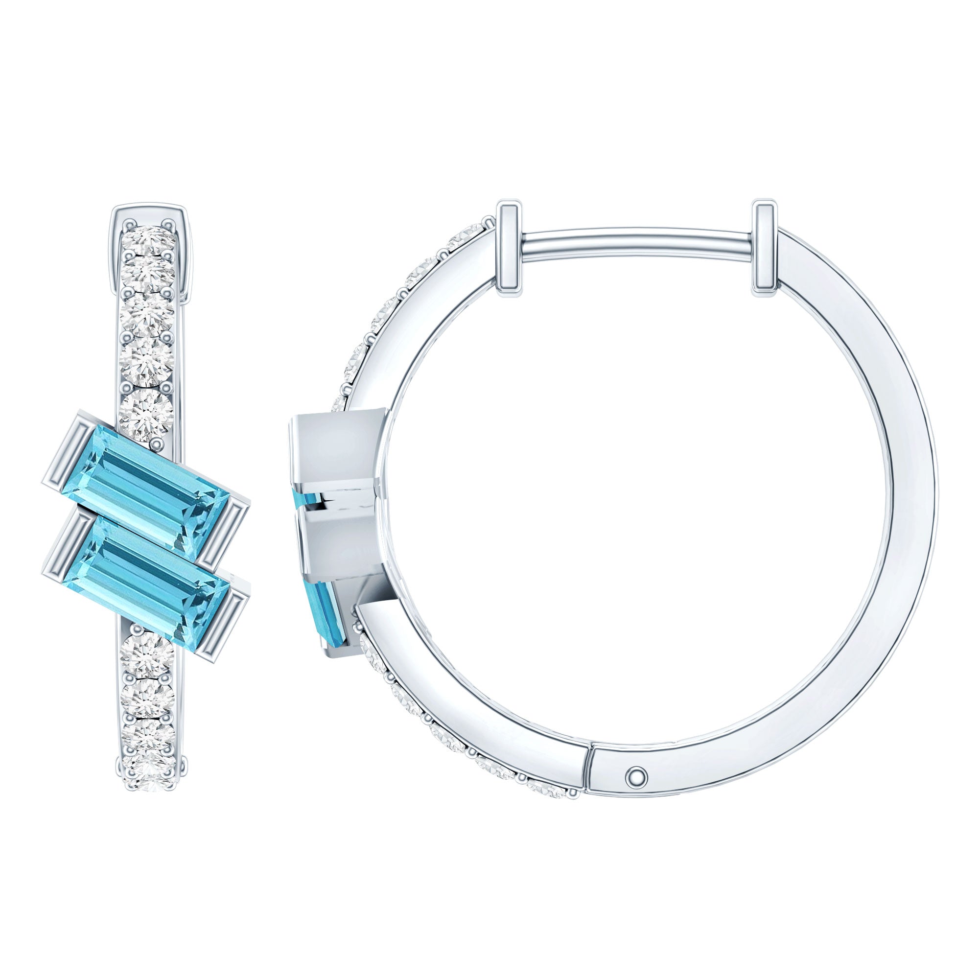 Natural Half Carat Aquamarine Hoop Earrings with Lab Diamond AAA 92.5 Sterling Silver - Rosec Jewels
