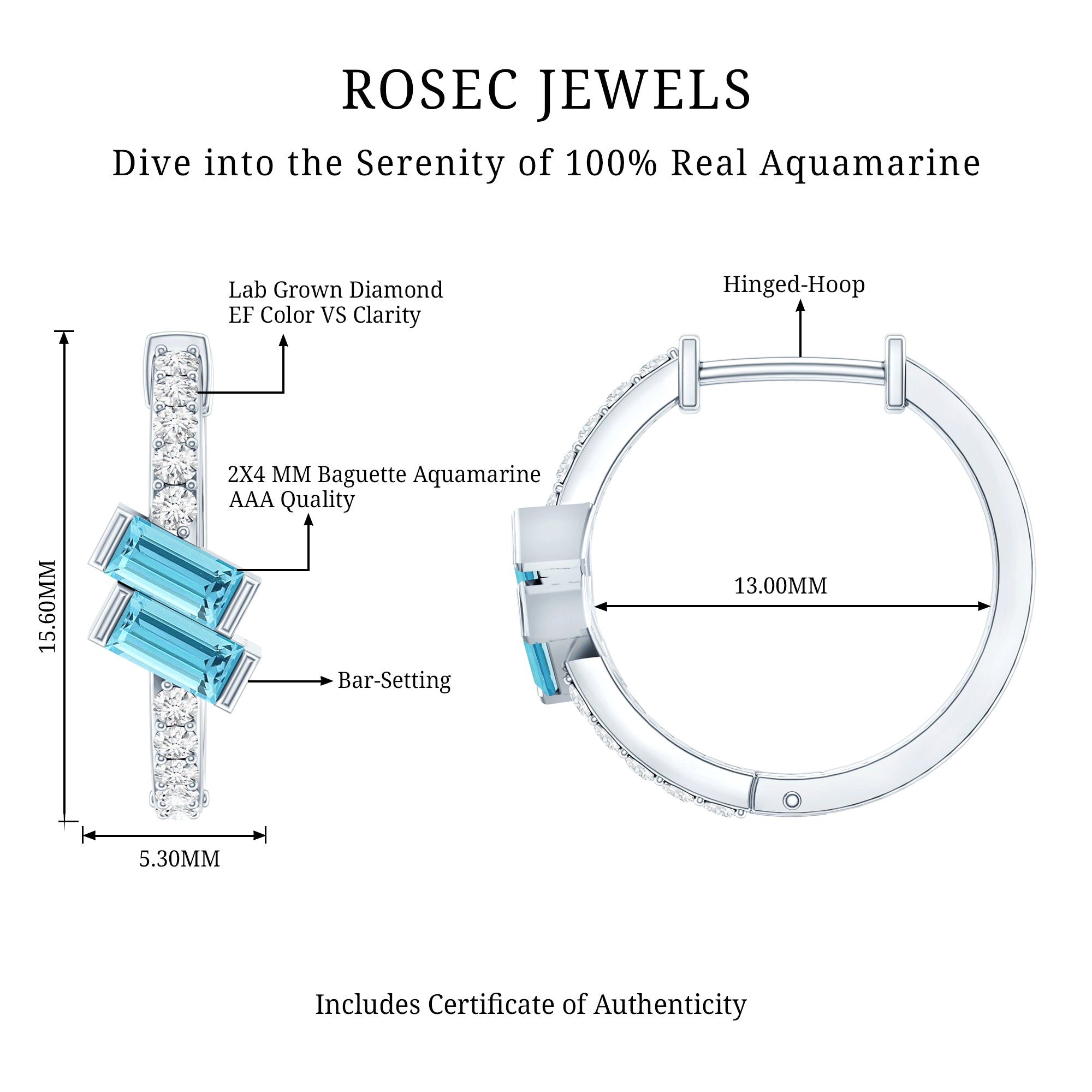 Natural Half Carat Aquamarine Hoop Earrings with Lab Diamond AAA 92.5 Sterling Silver - Rosec Jewels
