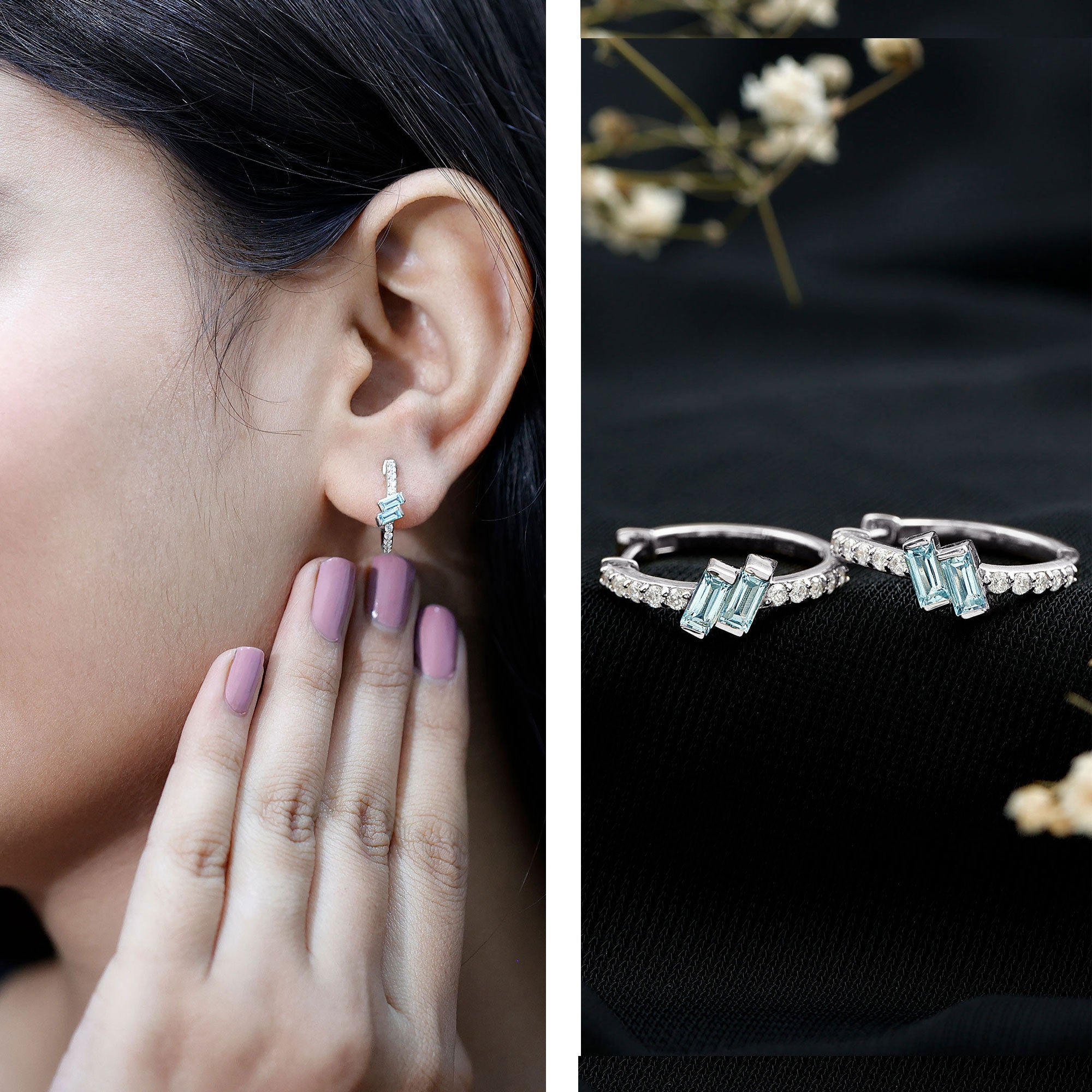 Natural Half Carat Aquamarine Hoop Earrings with Lab Diamond AAA 92.5 Sterling Silver - Rosec Jewels