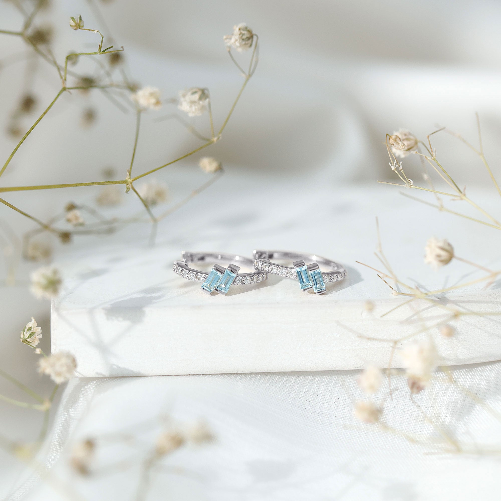 Natural Half Carat Aquamarine Hoop Earrings with Lab Diamond AAA 92.5 Sterling Silver - Rosec Jewels