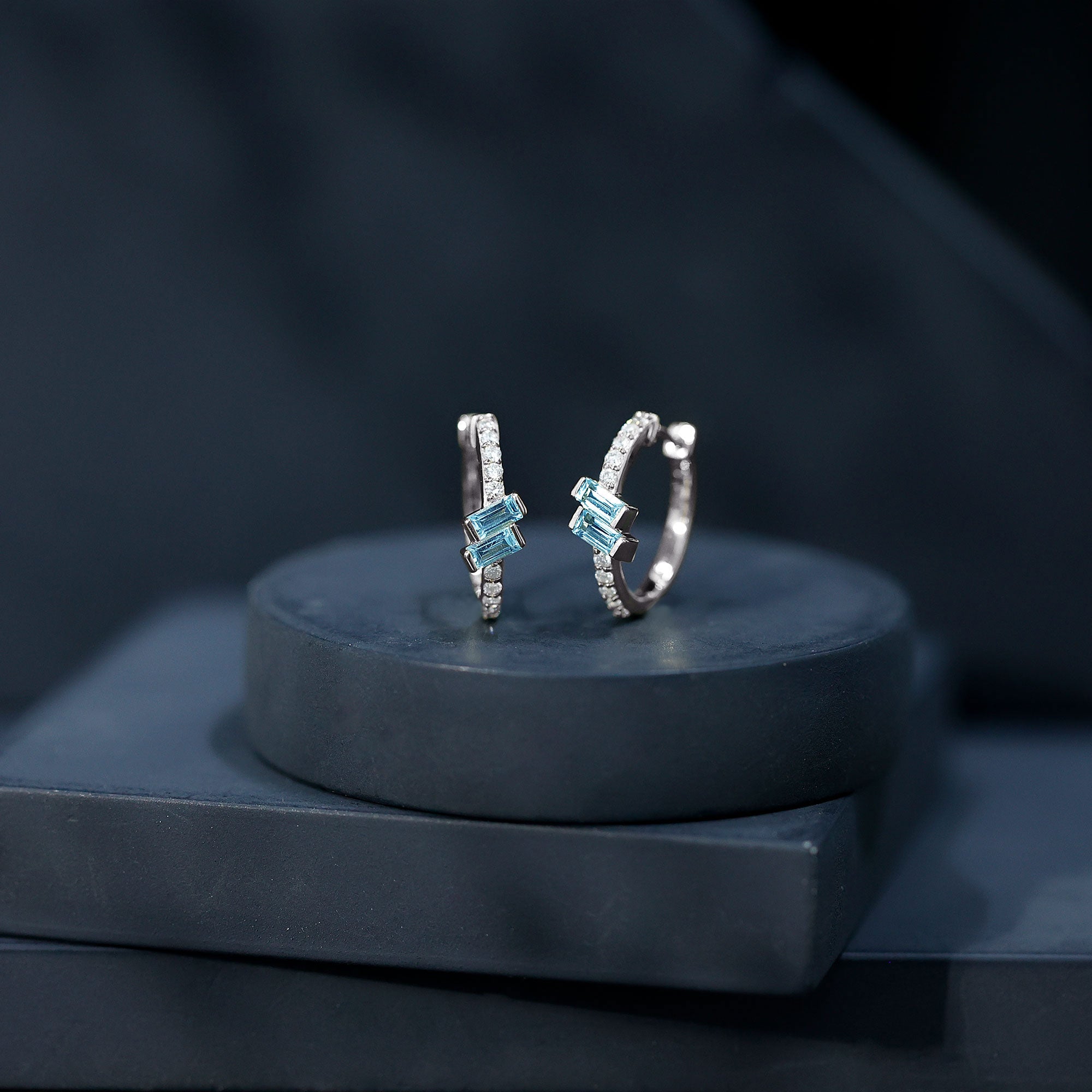 Natural Half Carat Aquamarine Hoop Earrings with Lab Diamond AAA 92.5 Sterling Silver - Rosec Jewels