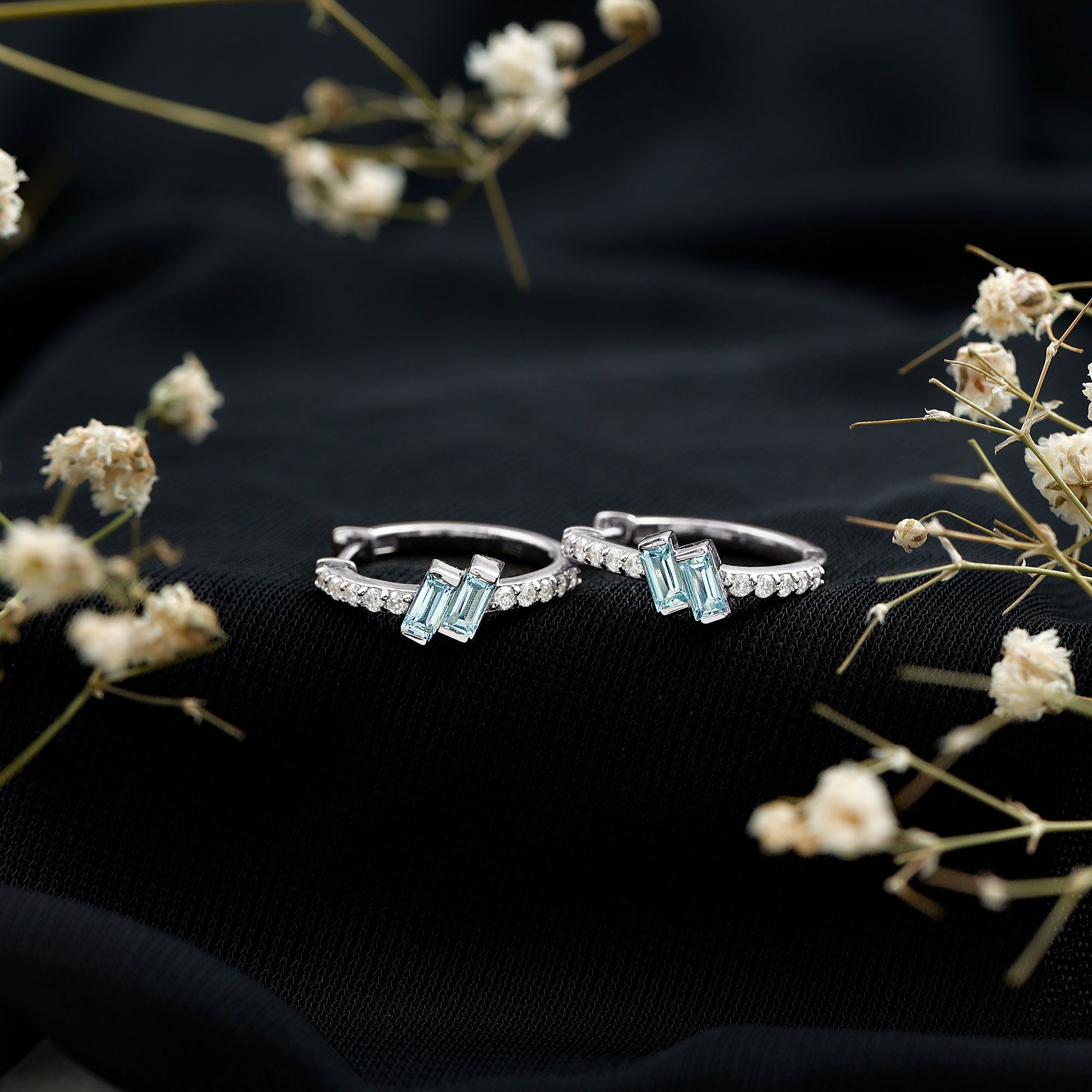Natural Half Carat Aquamarine Hoop Earrings with Lab Diamond AAA 92.5 Sterling Silver - Rosec Jewels
