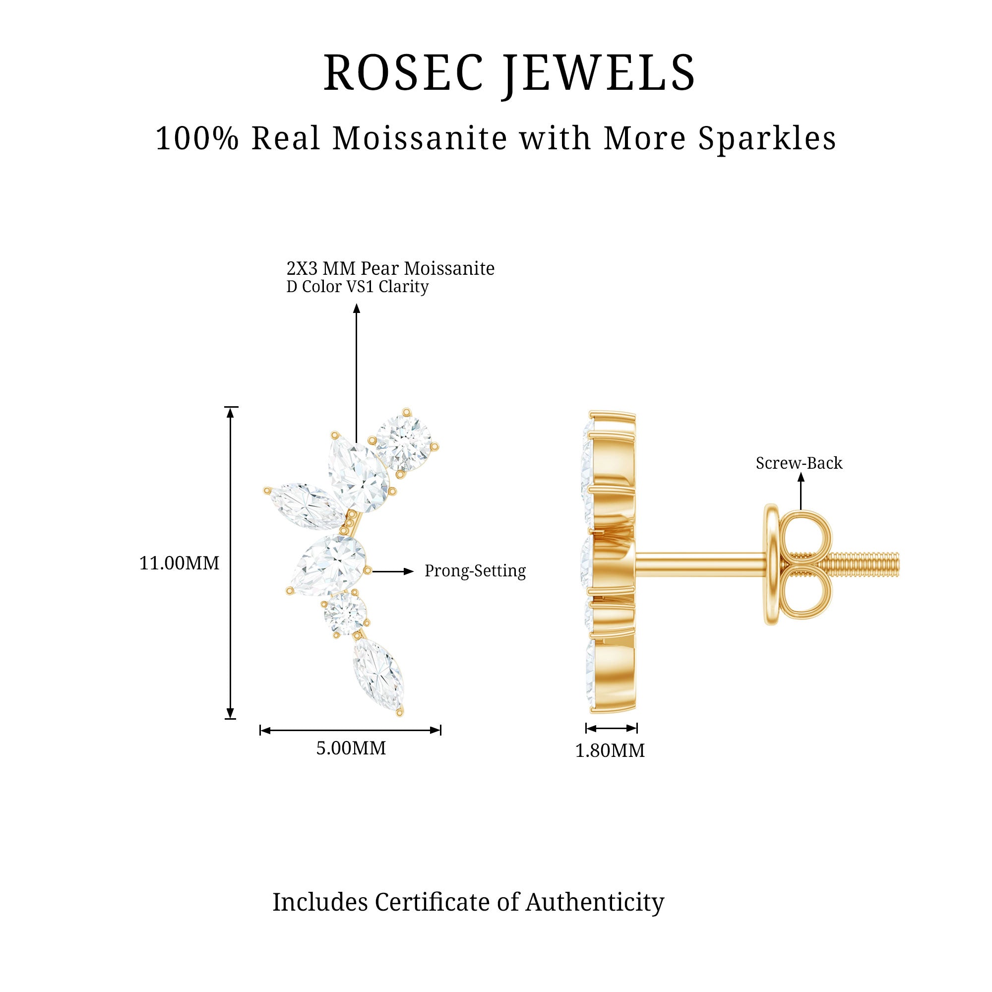 Certified Moissanite Climber Earrings D-VS1 - Rosec Jewels