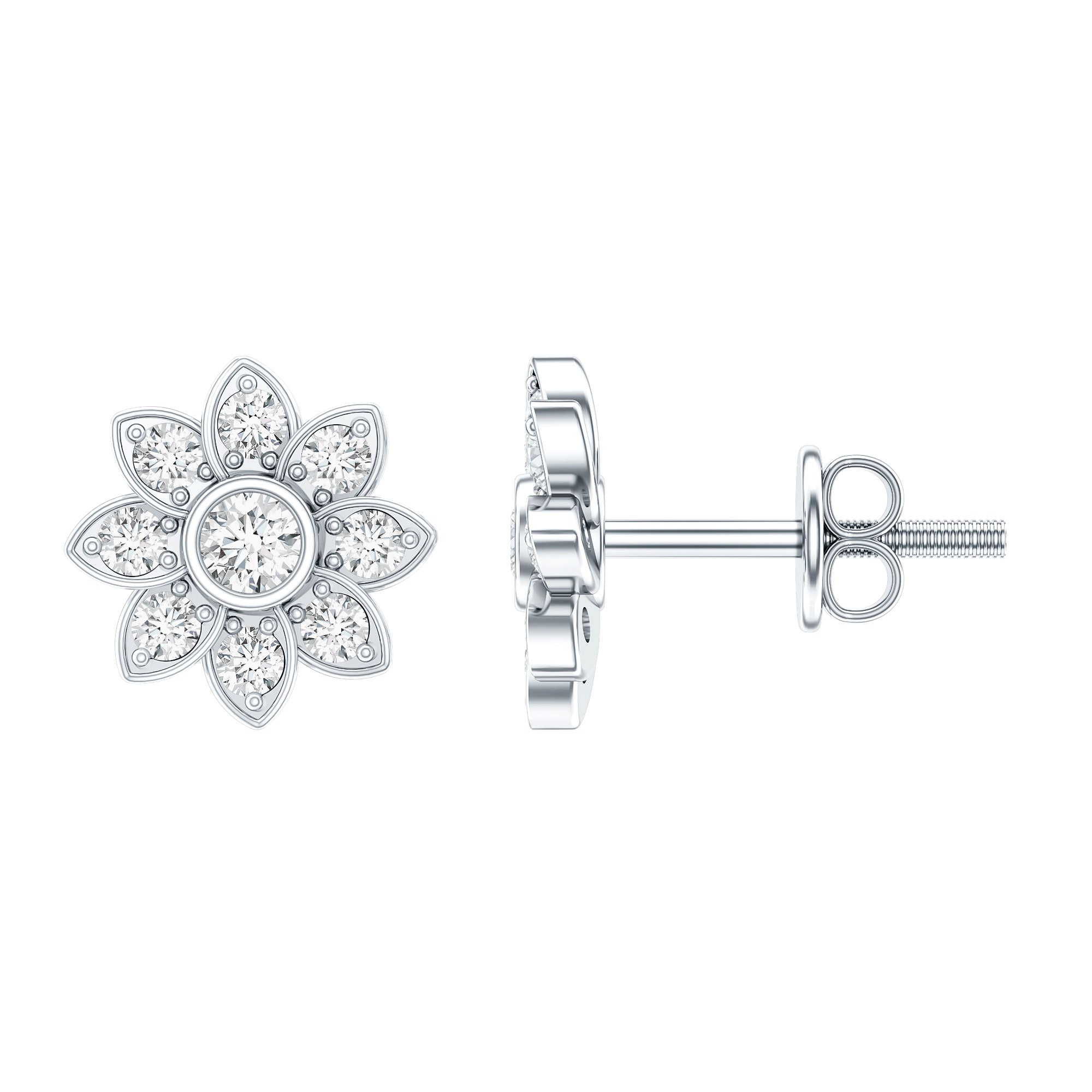 Diamond Flower Stud Earrings With Screw Back Natural - ( HI-SI ) - Rosec Jewels